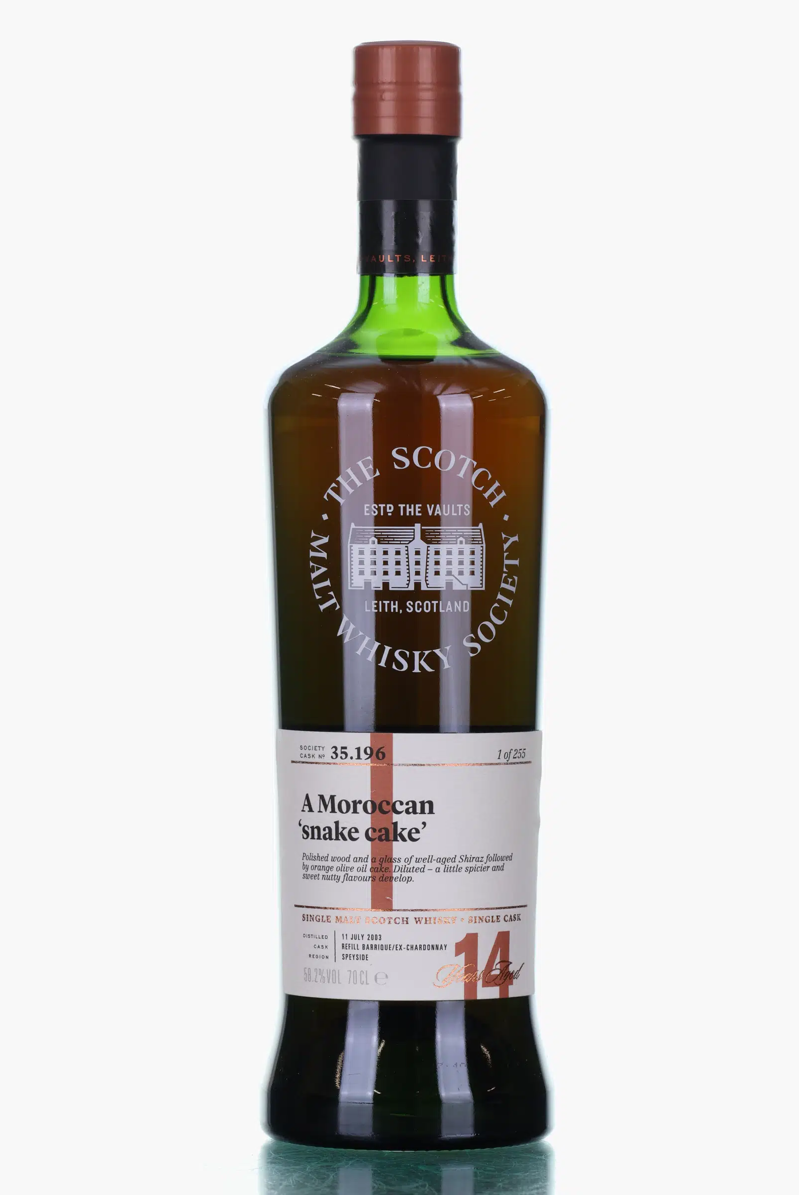 Glen Moray A Moroccan 'Snake Cake' 14 Year Old, Chardonnay Barrique Cask, Cask #35.196, 2003, The Scotch Malt Whisky Society, 58.2% whisky bottle