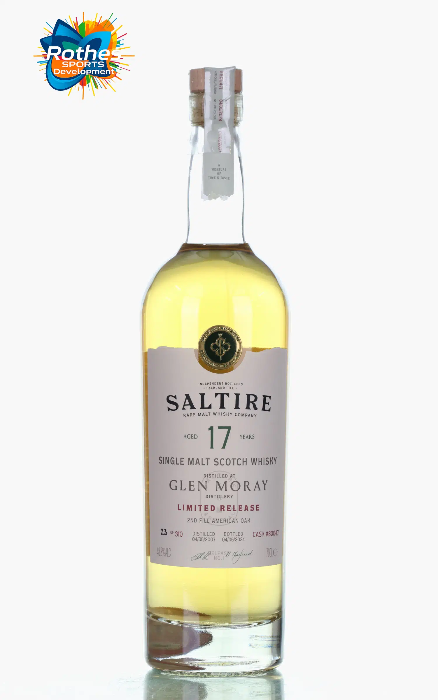 Glen Moray Saltire Single Cask 17 Year Old, American Oak Cask, Cask #800471, 2007, Saltire Rare Malt Whisky Company, 48.8% whisky bottle
