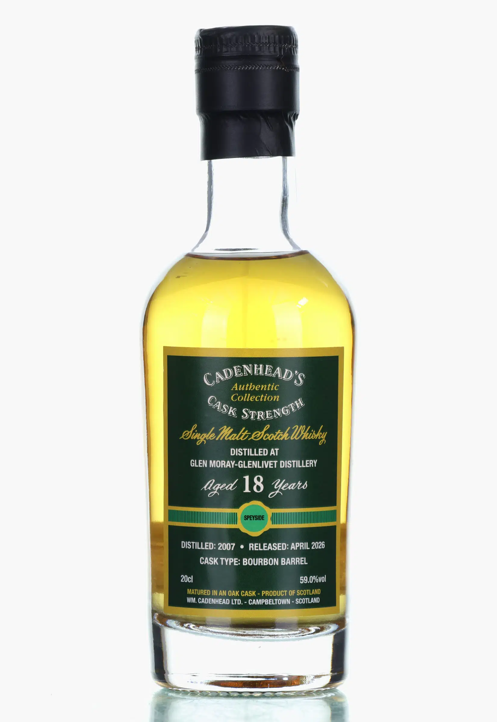 Glen Moray Authentic Collection 18 Year Old, Bourbon Cask, Batch No. B7, 2007, Cadenhead's, 59% whisky bottle