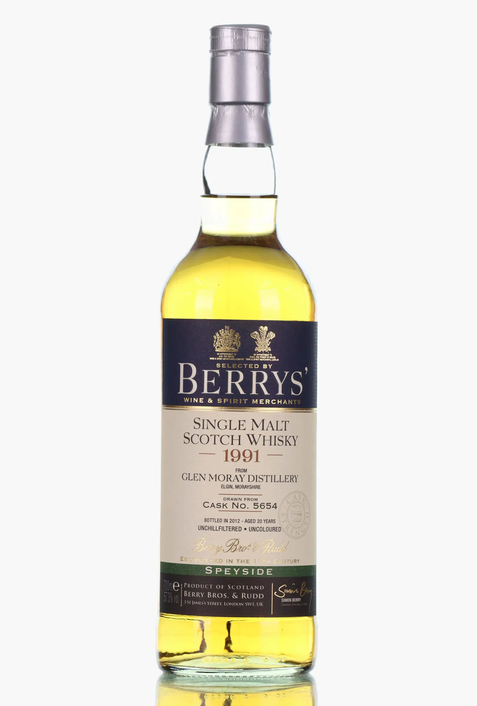 Glen Moray 20 Year Old, Cask #5654, 1991, Berry Bros & Rudd, 57.3% whisky bottle