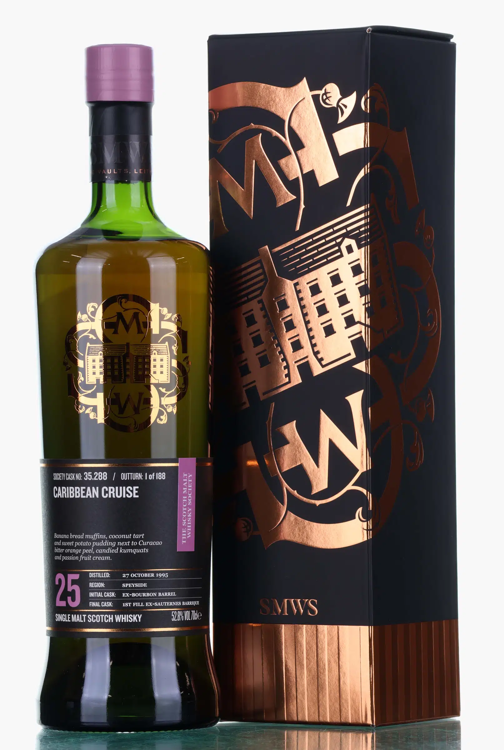 Glen Moray Caribbean Cruise 25 Year Old, Bourbon & Sauternes Cask, Cask #35.288, 1995, The Scotch Malt Whisky Society, 52.8% whisky bottle