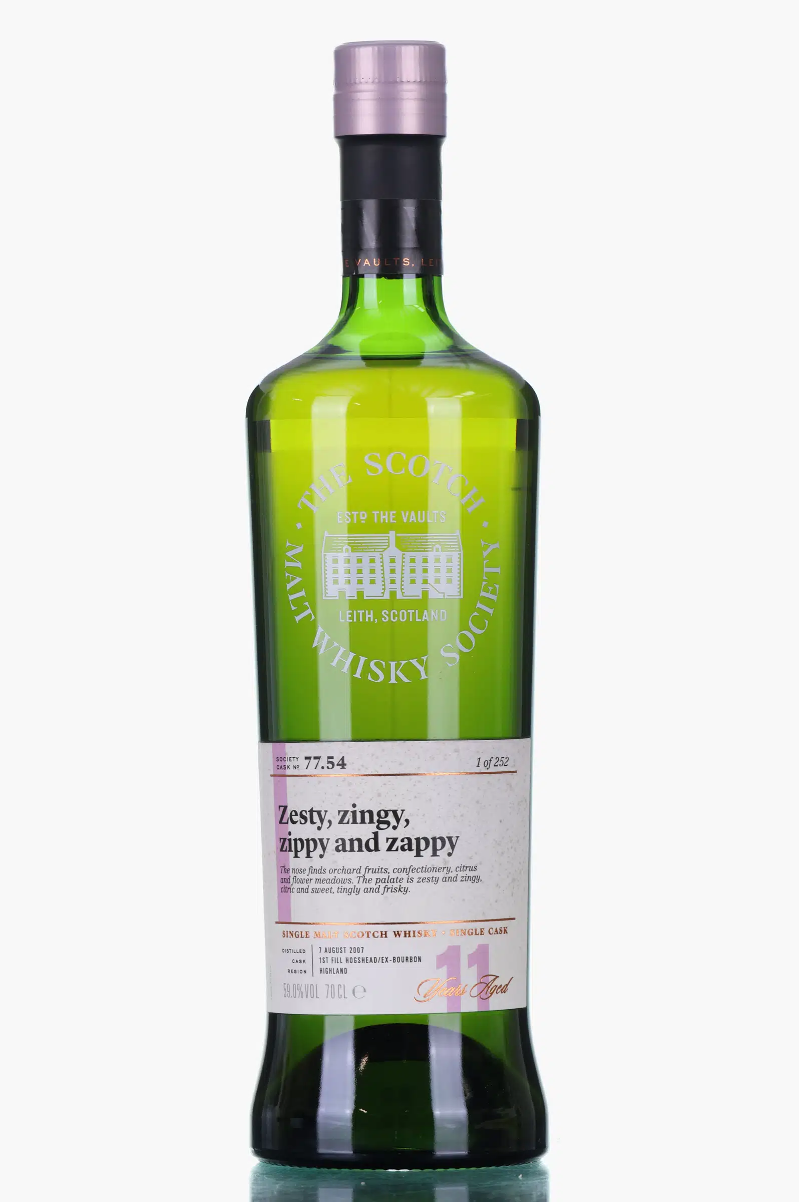Glen Ord Zesty, Zingy, Zippy & Zappy 11 Year Old, Bourbon Cask, Cask #77.54, 2007, The Scotch Malt Whisky Society, 59% whisky bottle