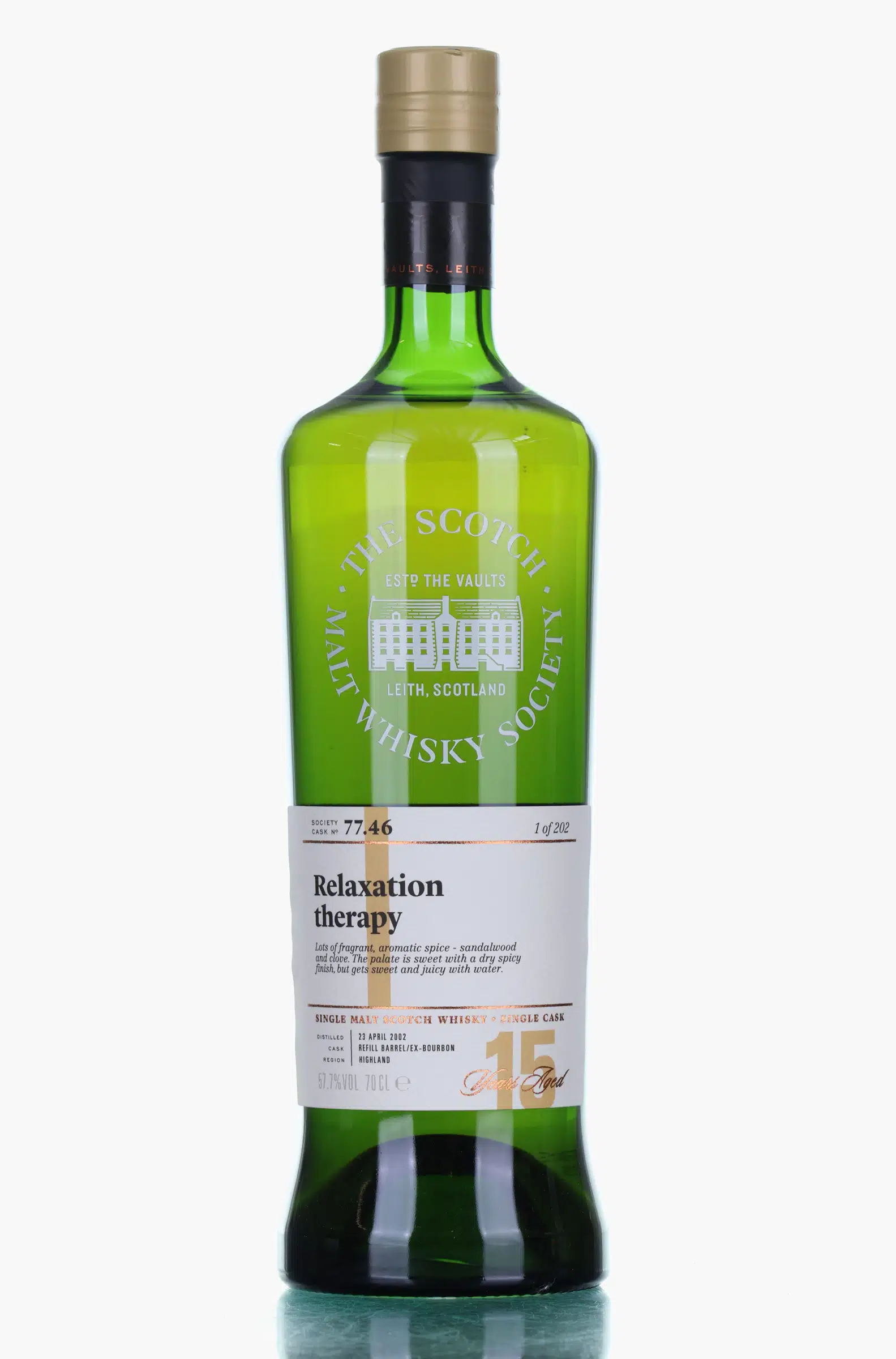 Glen Ord Relaxation Therapy 15 Year Old, Bourbon Cask, Cask #77.46, 2002, The Scotch Malt Whisky Society, 57.7% whisky bottle
