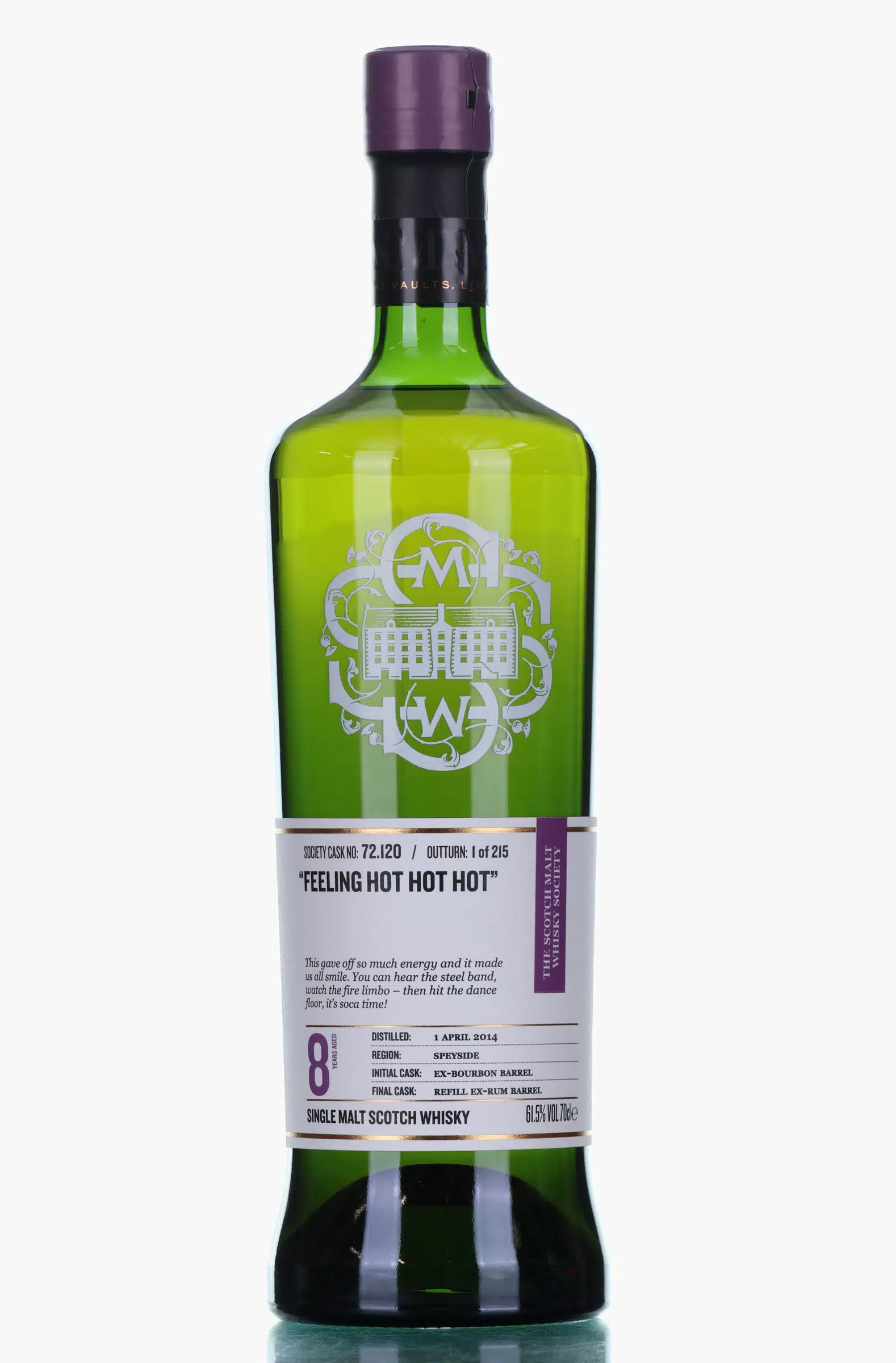 Miltonduff Feeling Hot Hot Hot 8 Year Old, Bourbon & Rum Cask, Cask #72.120, 2014, The Scotch Malt Whisky Society, 61.5% whisky bottle