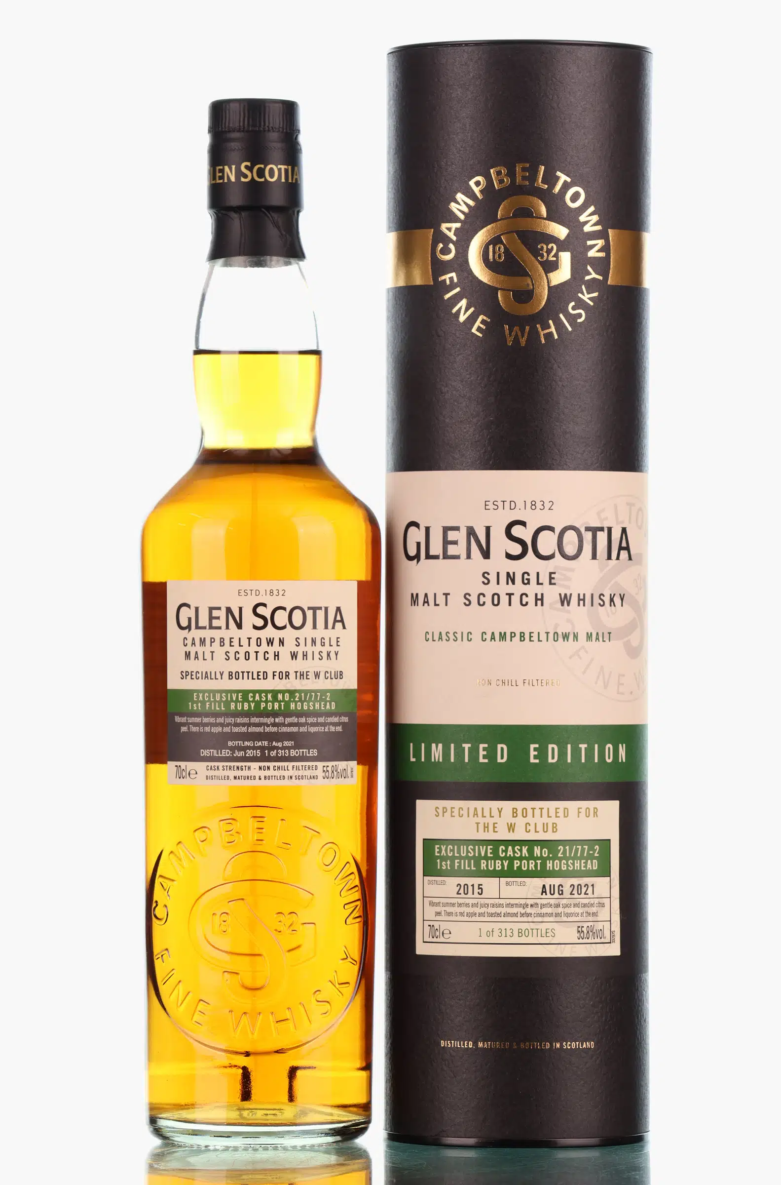 Glen Scotia Exclusive Cask #21/77-2 For The W Club 6 Year Old, Ruby Port Cask, 2021, 55.8% whisky bottle