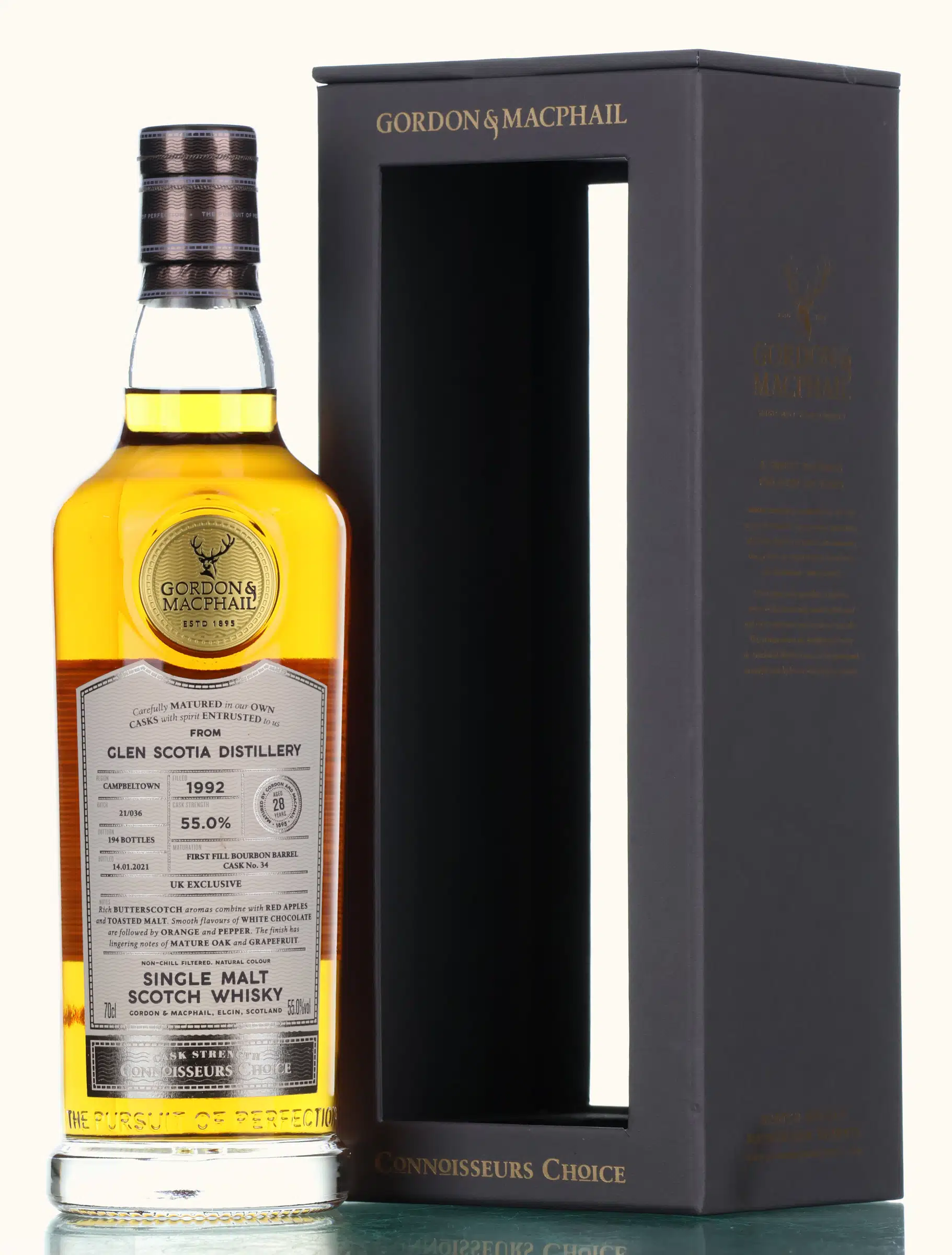 Glen Scotia Connoisseurs Choice 28 Year Old, Bourbon Cask, Cask #34, Batch No. 21/036, 1992, Gordon & MacPhail, 55% whisky bottle