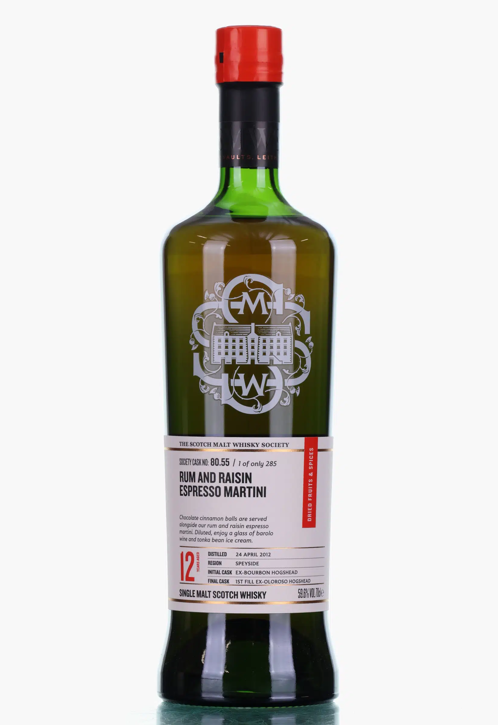 Glen Spey Rum & Raisin Espresso Martini 12 Year Old, Oloroso Hogshead Cask, Cask #55, 2012, The Scotch Malt Whisky Society, 59.6% whisky bottle