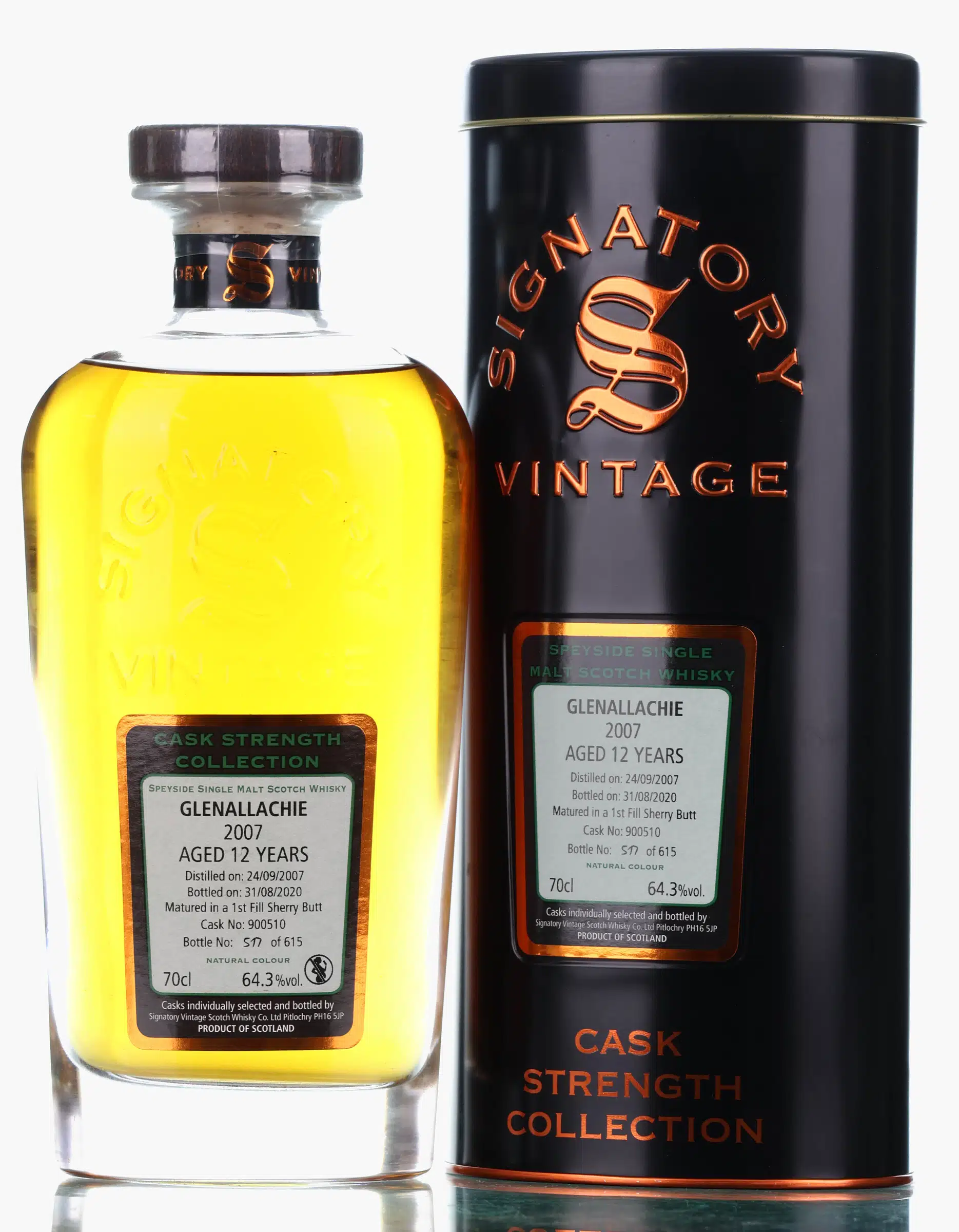 Glenallachie Cask Strength Collection 12 Year Old, Sherry Cask, Cask #900510, 2007, Signatory Vintage, 64.3% whisky bottle