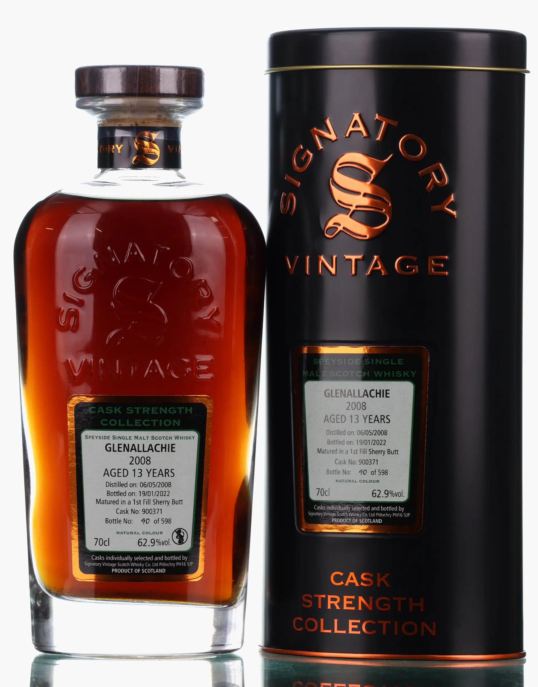 Glenallachie Cask Strength Collection 13 Year Old, Sherry Cask, Cask #900371, 2008, Signatory Vintage, 62.9% whisky bottle