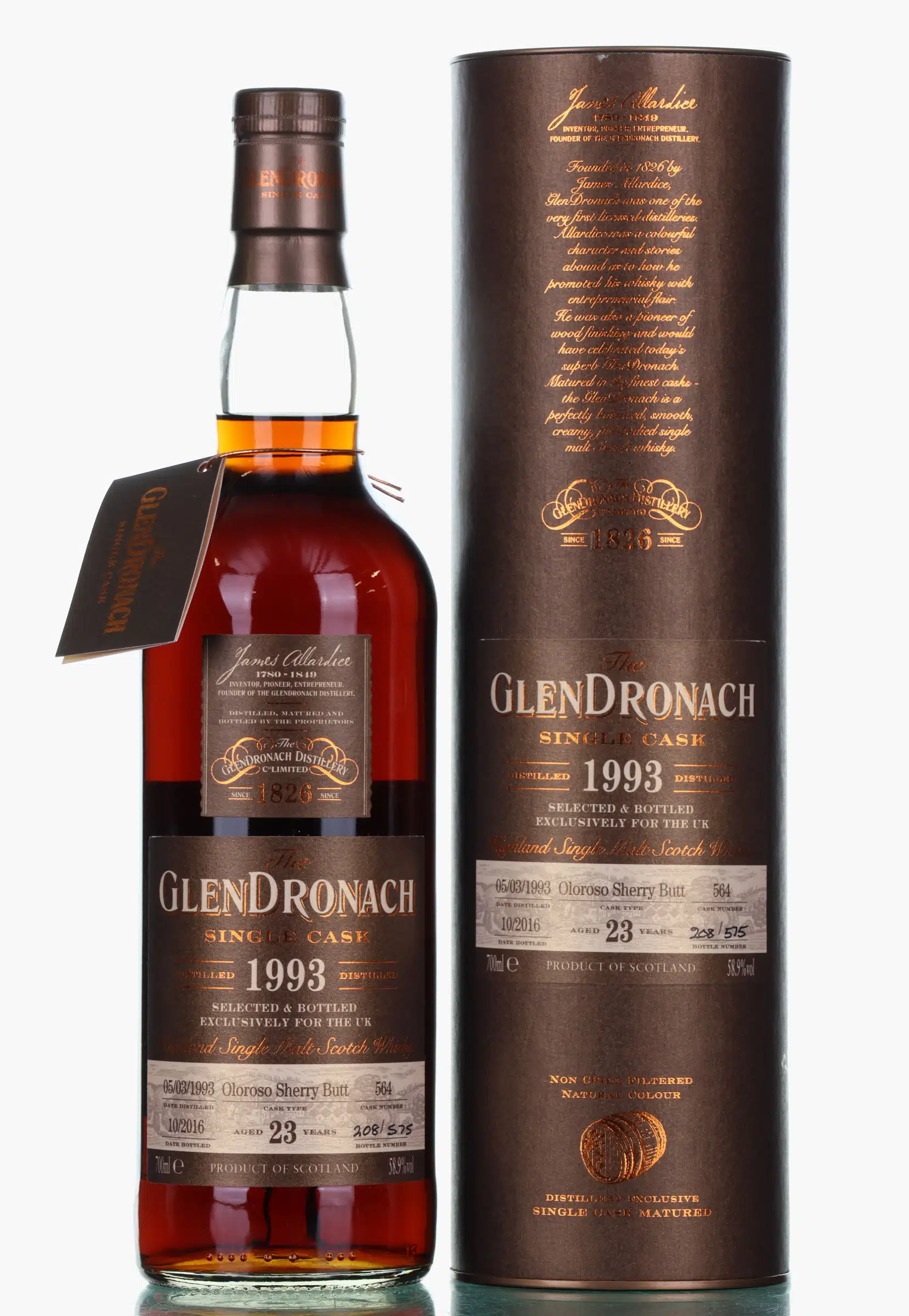 Glendronach Single Cask UK Exclusive 23 Year Old, Oloroso Sherry Cask, Cask #564, 2016, 58.9% whisky bottle