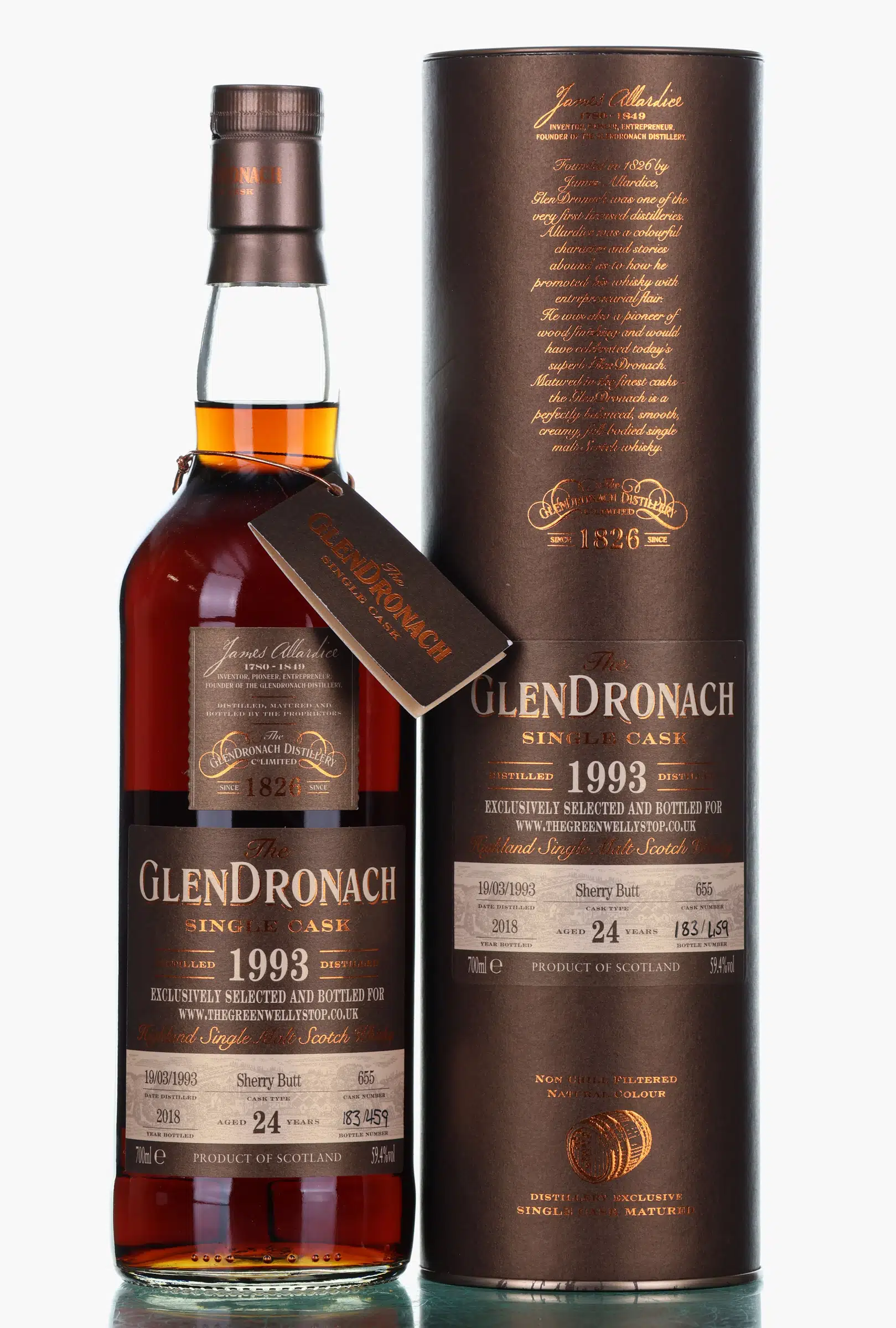 Glendronach Single Cask #24 Year Old, Sherry Cask, Cask #655, 1993, Glendronach, 59.4% whisky bottle