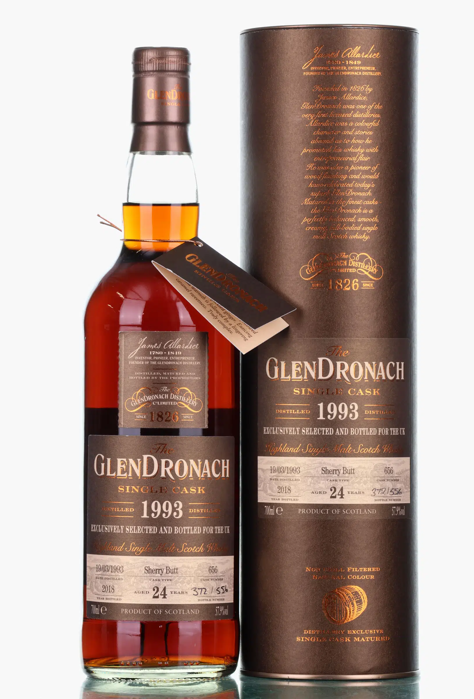 Glendronach Single Cask 24 Year Old, Sherry Butt Cask, Cask #656, 2018, 57.9% whisky bottle