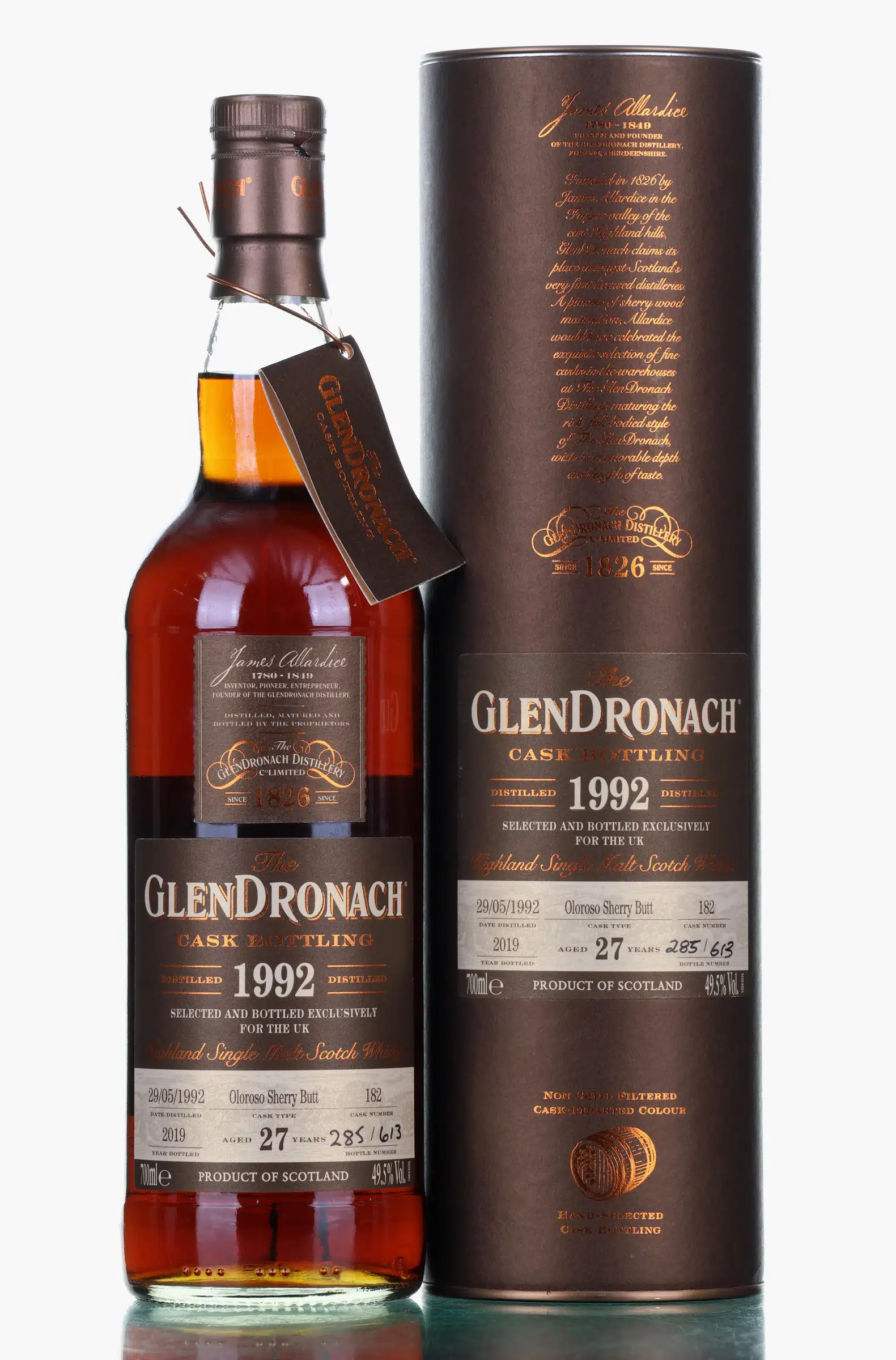 Glendronach UK Exclusive 27 Year Old, Pedro Ximénez Sherry Cask, Cask #182, 2019, 49.5% whisky bottle