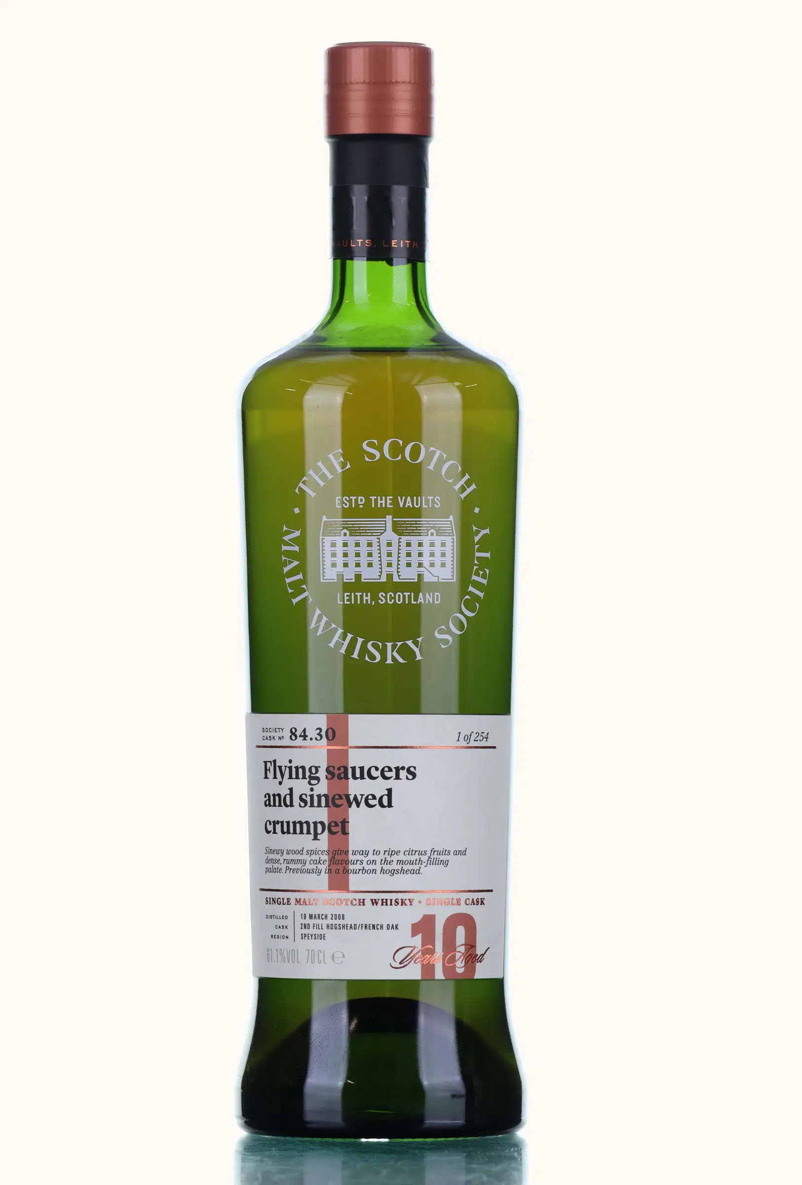 Glendullan Flying Saucers & Sinewed Crumpet 10 Year Old, French Oak Hogshead Cask, Cask #84.30, 2008, The Scotch Malt Whisky Society, 61.1% whisky bottle