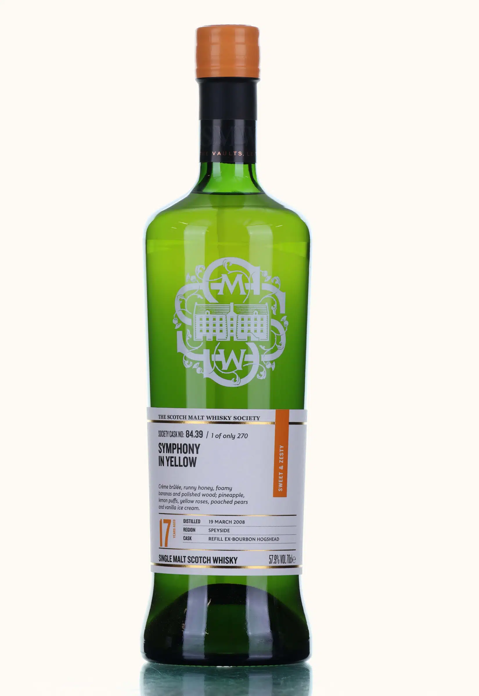 Glendullan Symphony in Yellow 17 Year Old, Refill ex-bourbon Cask, Cask #84.39, 2008, The Scotch Malt Whisky Society, 57.9% whisky bottle