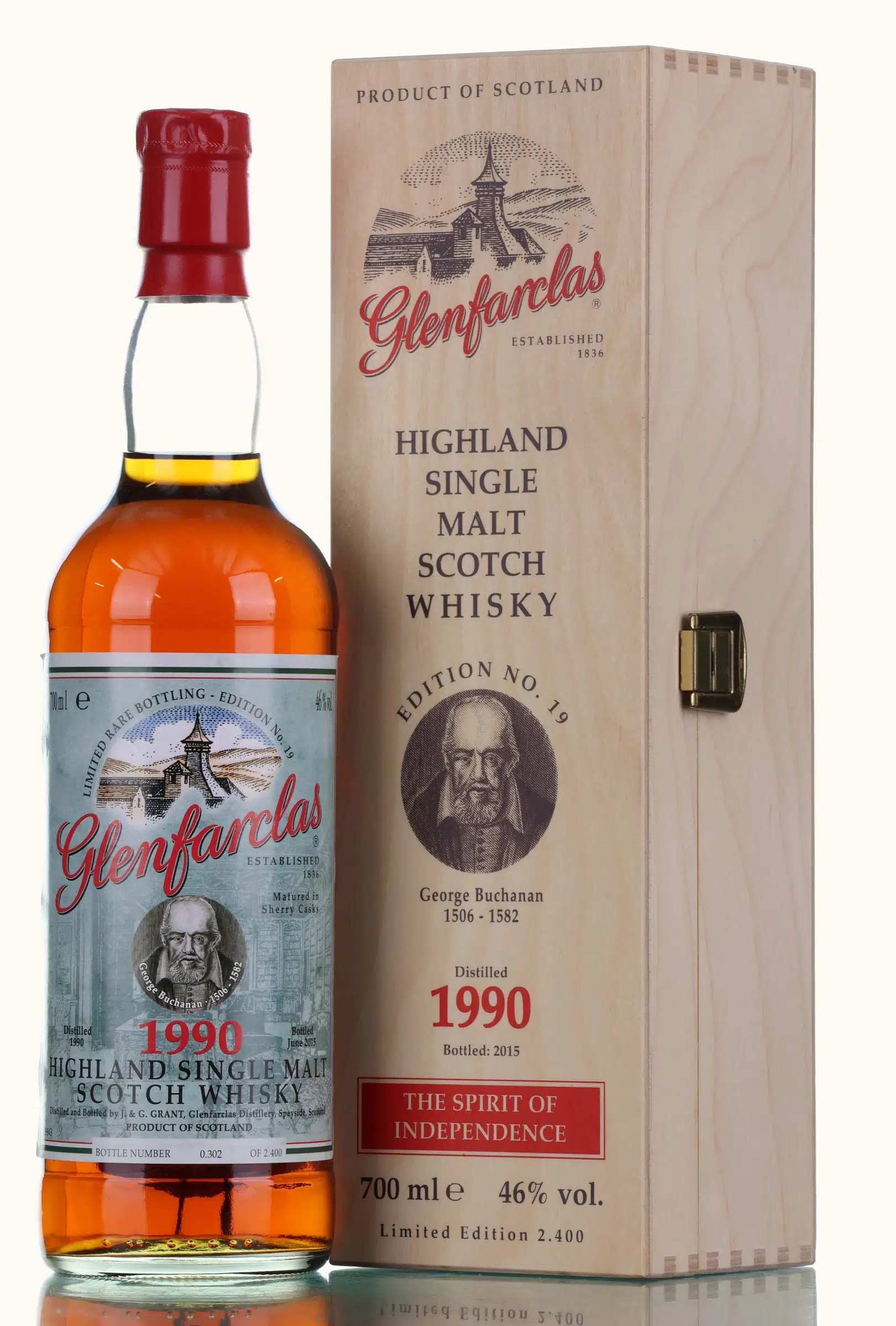 Glenfarclas 1990 The Famous Scots Edition No. 19 - George Buchanan 25 Year Old, Sherry Cask, Cask #6443, 9251, 10423, 10424, 10425, 10426 & 10427, 2015, 46% whisky bottle
