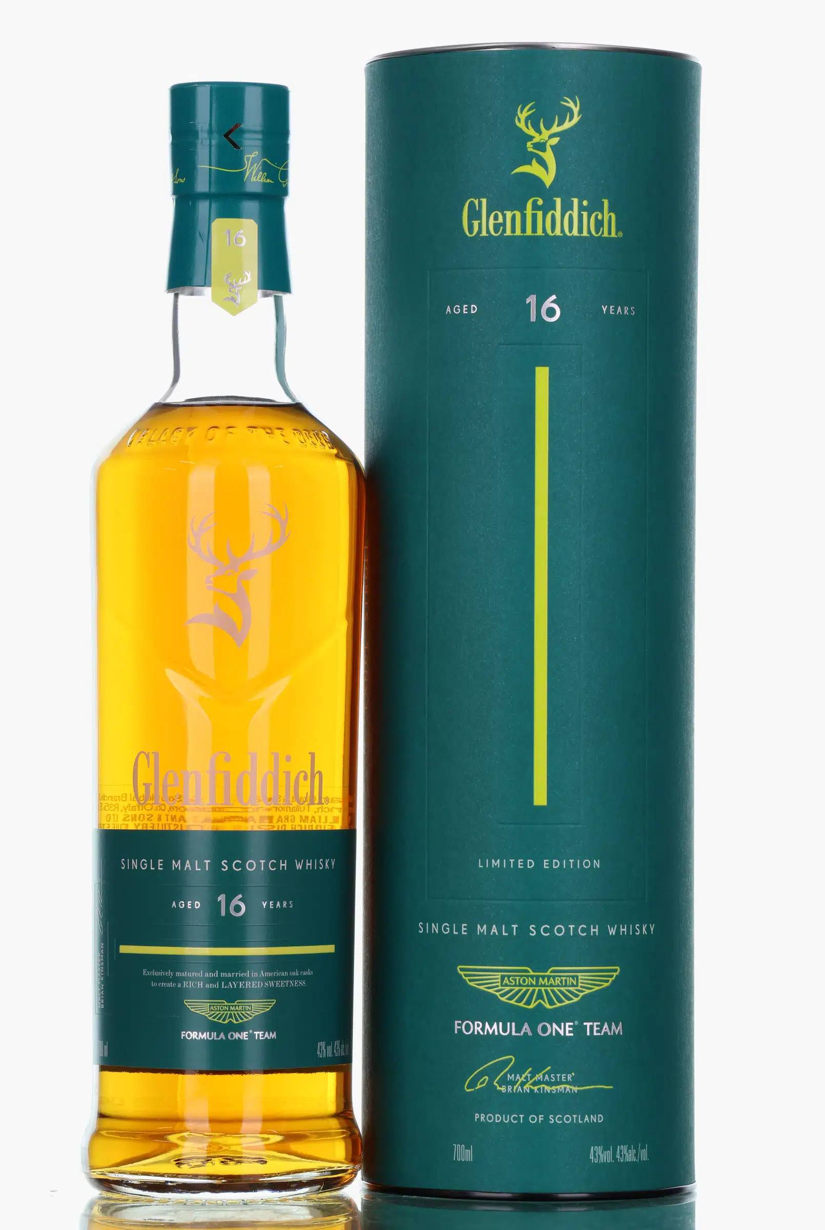 Glenfiddich Aston Martin F1 Team Edition 16 Year Old, American Oak Wine, New American Barrels & Second-Fill Bourbon Cask, 2025, 43% whisky bottle