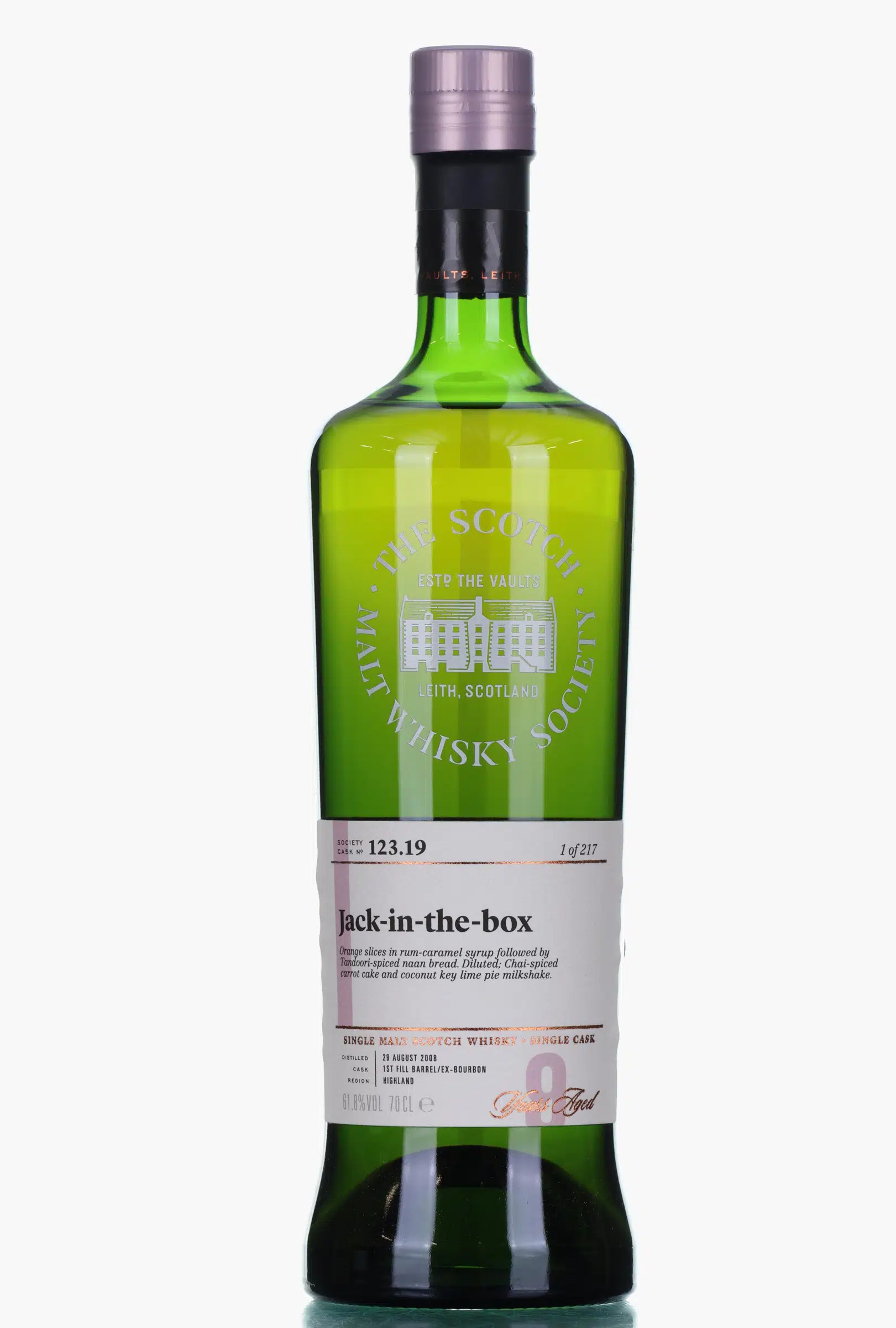 Glengoyne Jack-in-the-box 9 Year Old, Bourbon Cask, Cask #123.19, 2008, The Scotch Malt Whisky Society, 61.8% whisky bottle