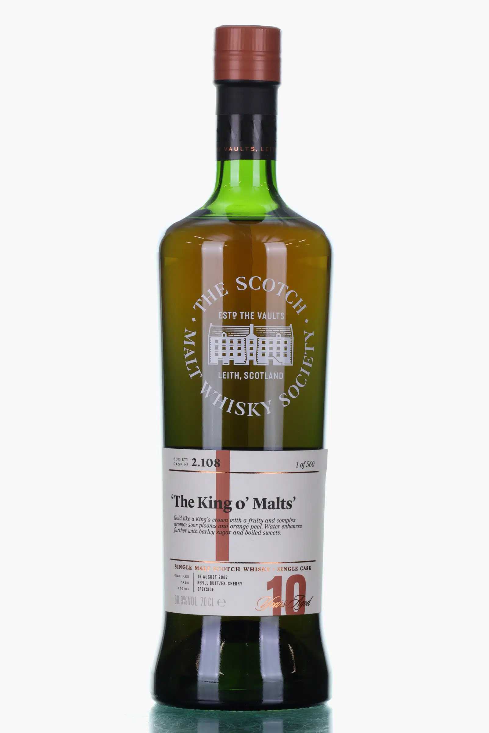 Glenlivet 10 Years Old 2007 SMWS 2.108 | 'The King o' Malts', Sherry Cask, Cask #2.108, 2007, The Scotch Malt Whisky Society, 60.9% whisky bottle
