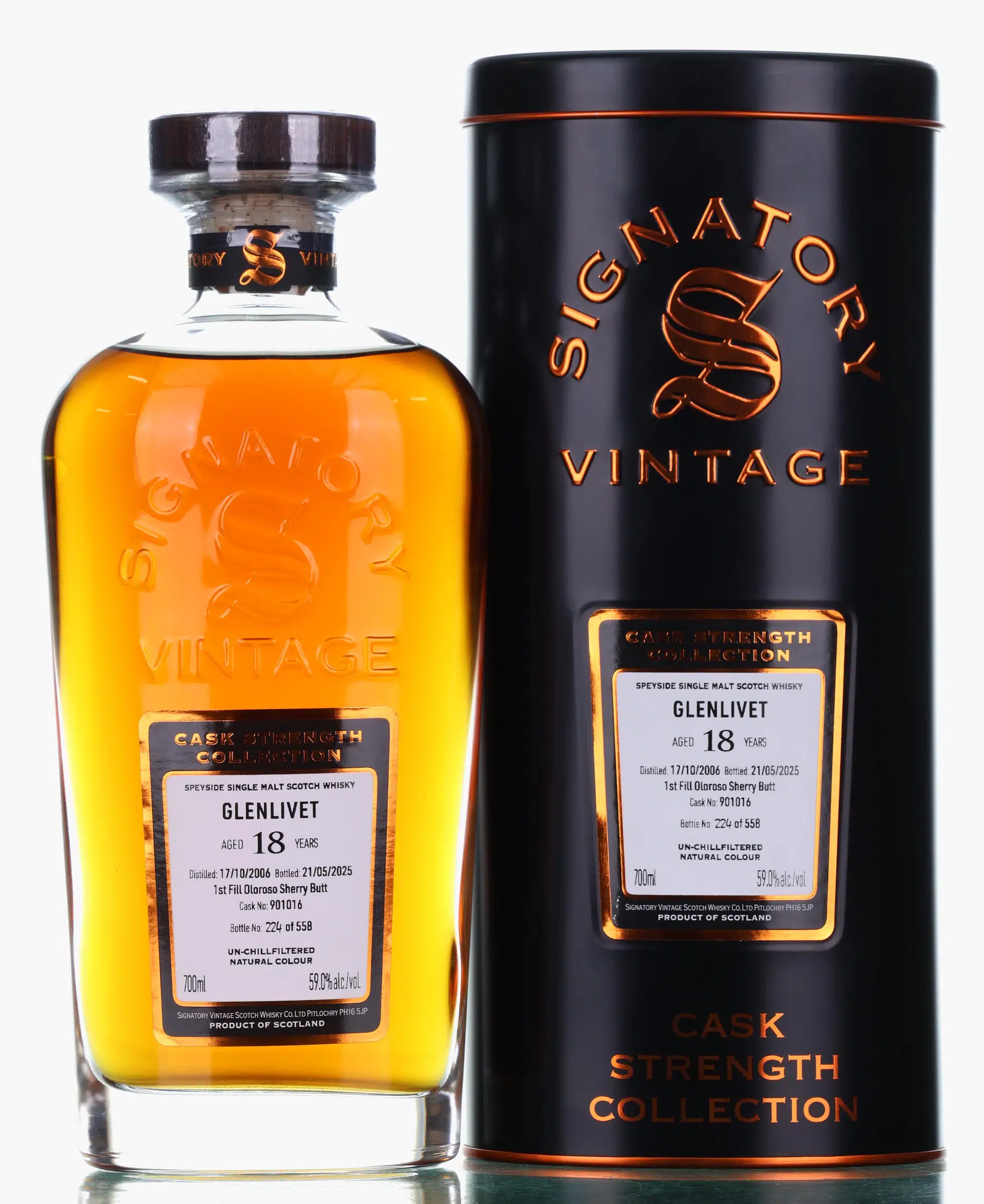 Glenlivet Cask Strength Collection 18 Year Old, Sherry Cask, Cask #901016, 2006, Signatory Vintage, 59% whisky bottle