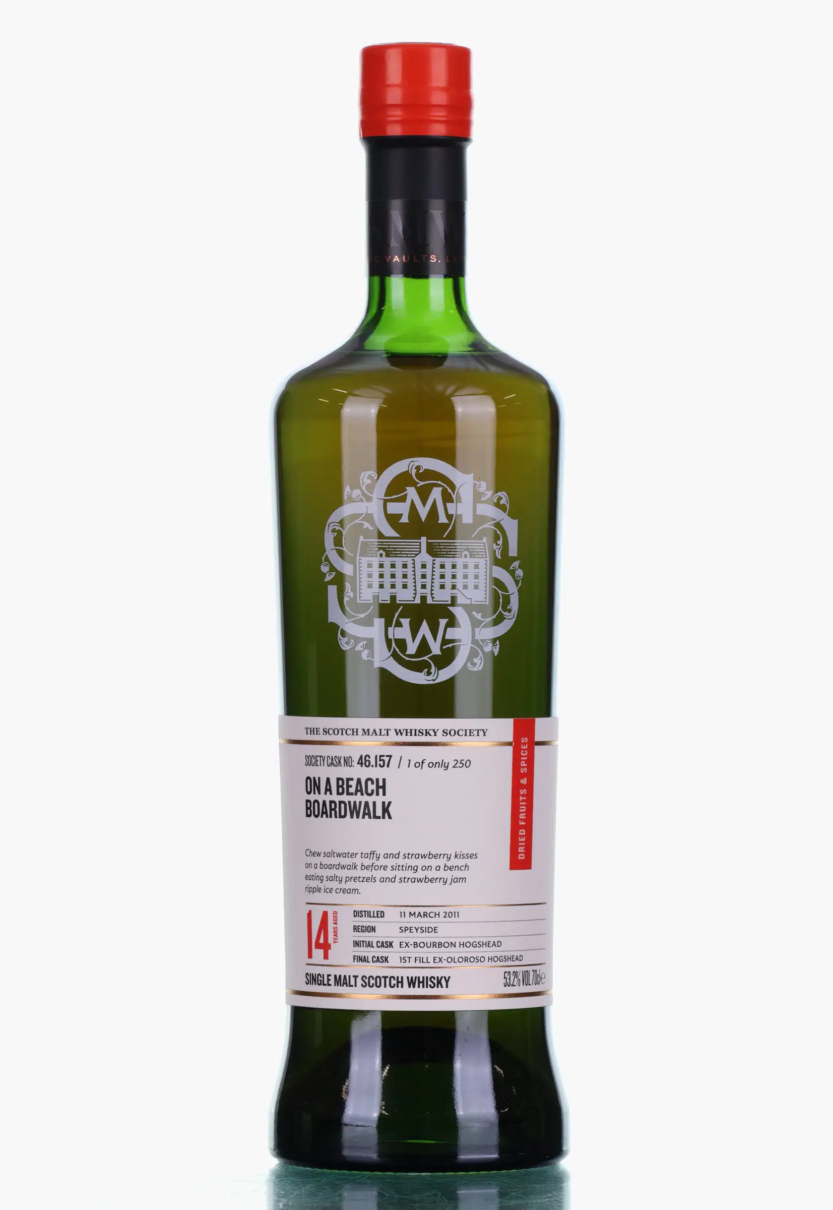Glenlossie On A Beach Boardwalk 14 Year Old, Bourbon & Oloroso Cask, Cask #46.157, 2011, The Scotch Malt Whisky Society, 53.2% whisky bottle