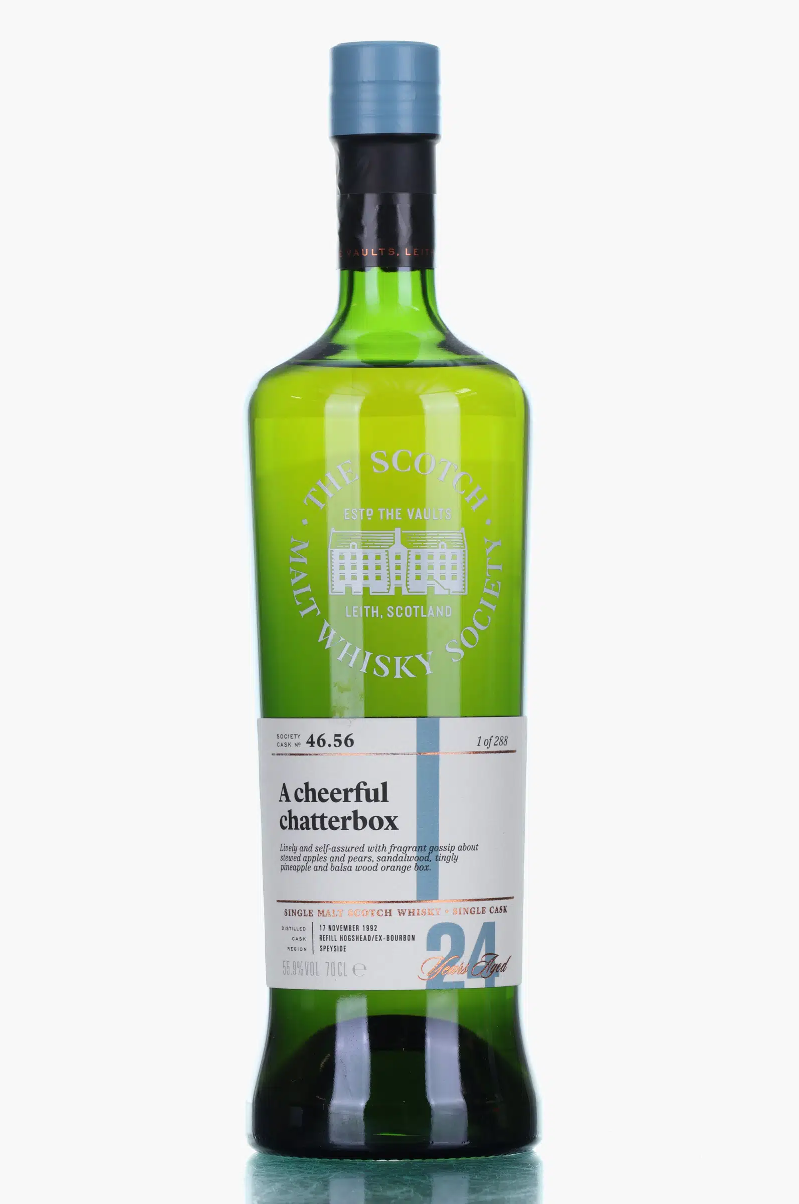 Glenlossie A Cheerful Chatterbox 24 Year Old, Refill Ex-Bourbon Cask, Cask #46.56, 1992, The Scotch Malt Whisky Society, 55.9% whisky bottle