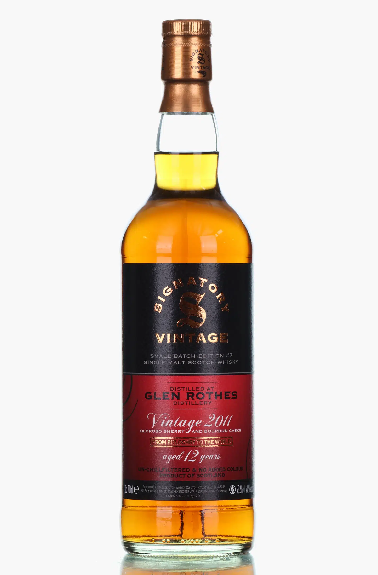 Glenrothes Small Batch Edition 12 Year Old, Oloroso Sherry & Bourbon Cask, Batch No. 2, 2011, Signatory Vintage, 48.2% whisky bottle
