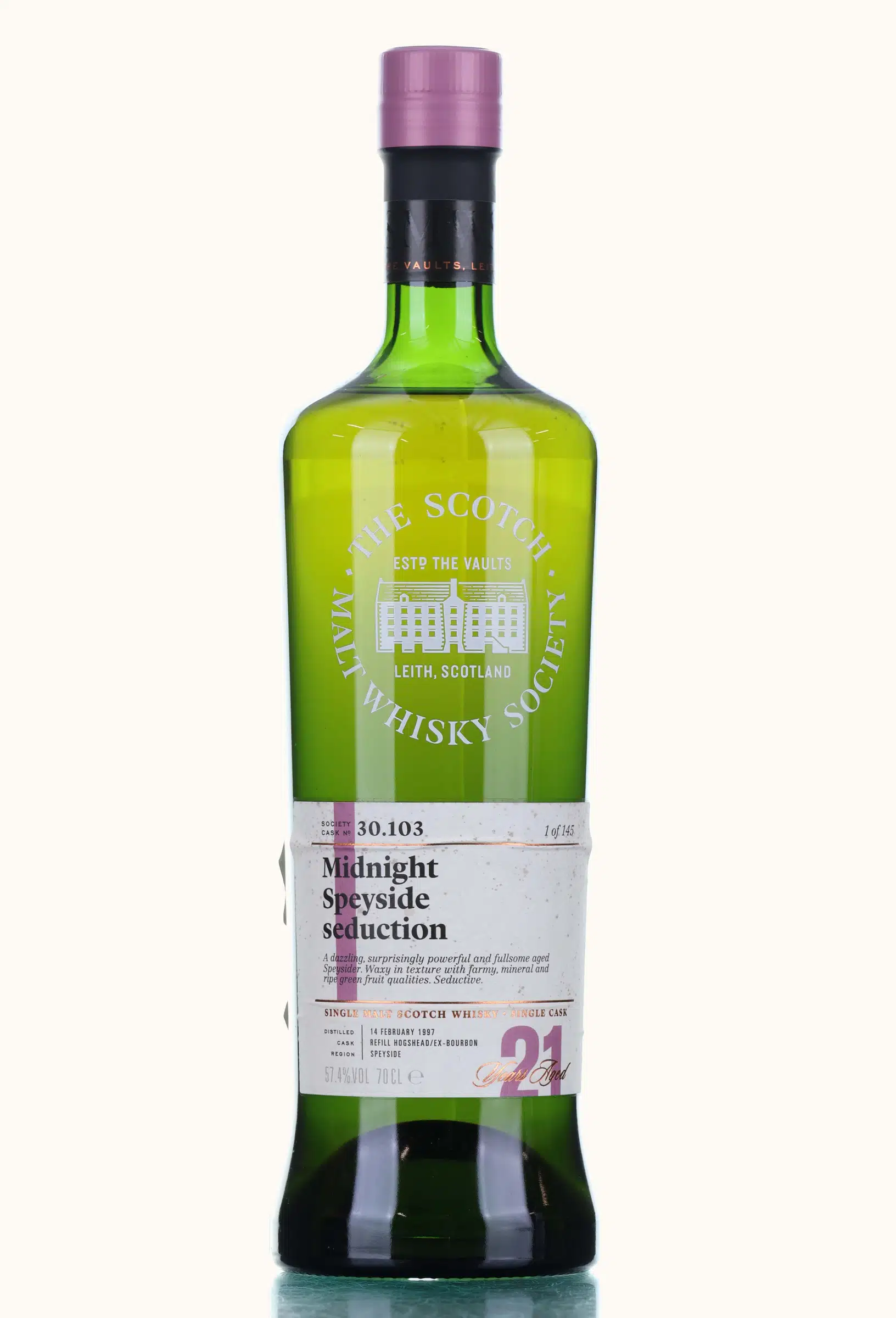 Glenrothes Midnight Speyside Seduction 21 Year Old, Refill Ex-Bourbon Hogshead Cask, Cask #30.103, 1997, The Scotch Malt Whisky Society, 57.4% whisky bottle