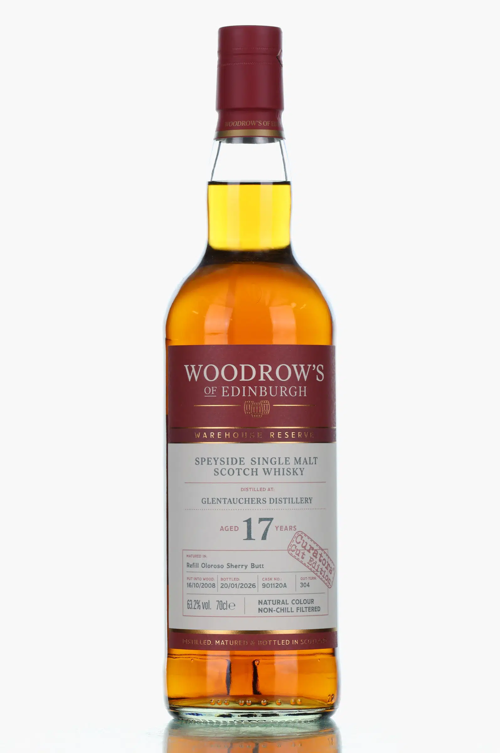 Glentauchers 17 Year Old, Oloroso Sherry Cask, Cask #901120A, B3Q12026, 2008, Woodrow's of Edinburgh, 63.2% whisky bottle