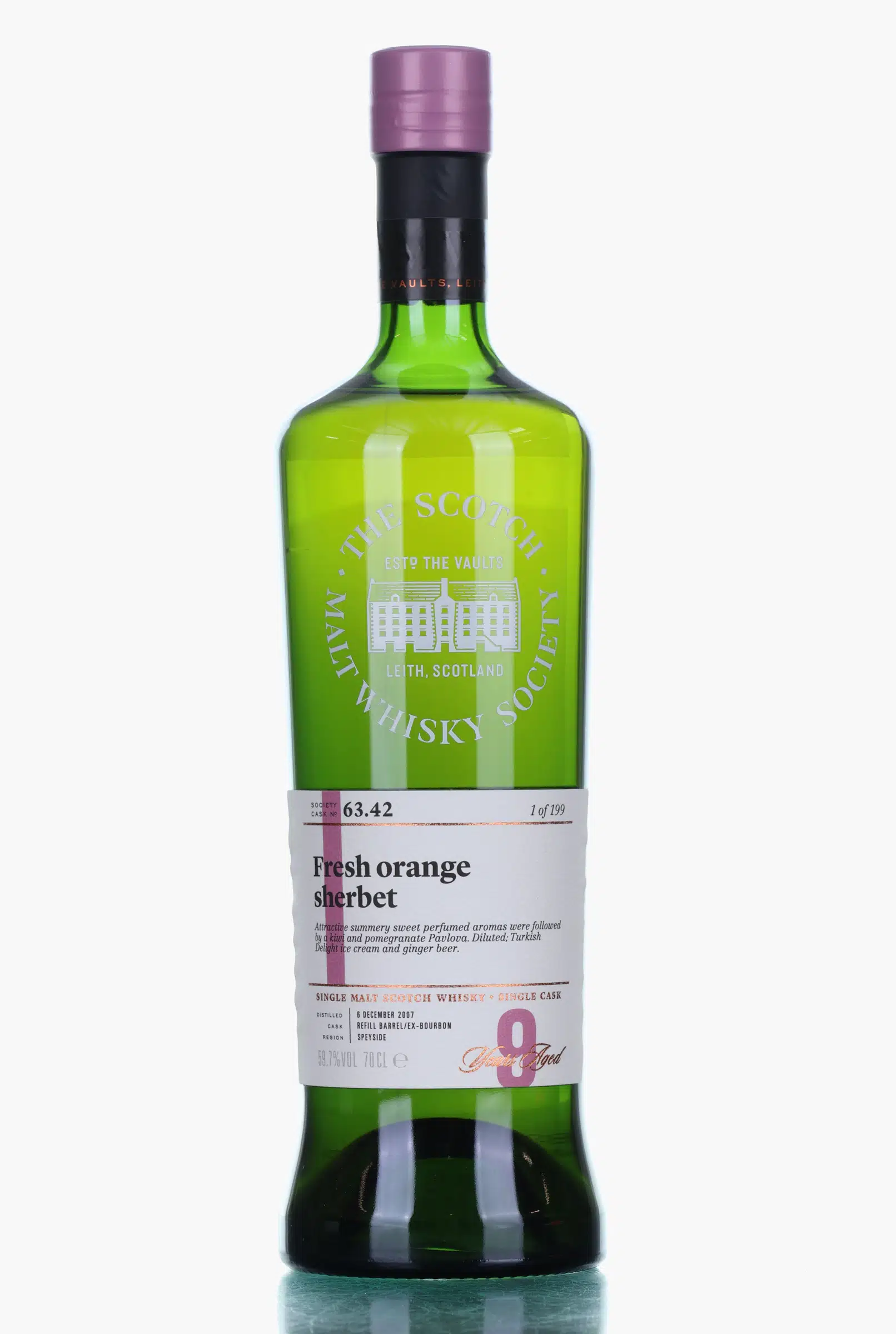 Glentauchers Fresh orange sherbet 9 Year Old, Refill barrel Cask, Cask #63.42, 2007, The Scotch Malt Whisky Society, 59.7% whisky bottle