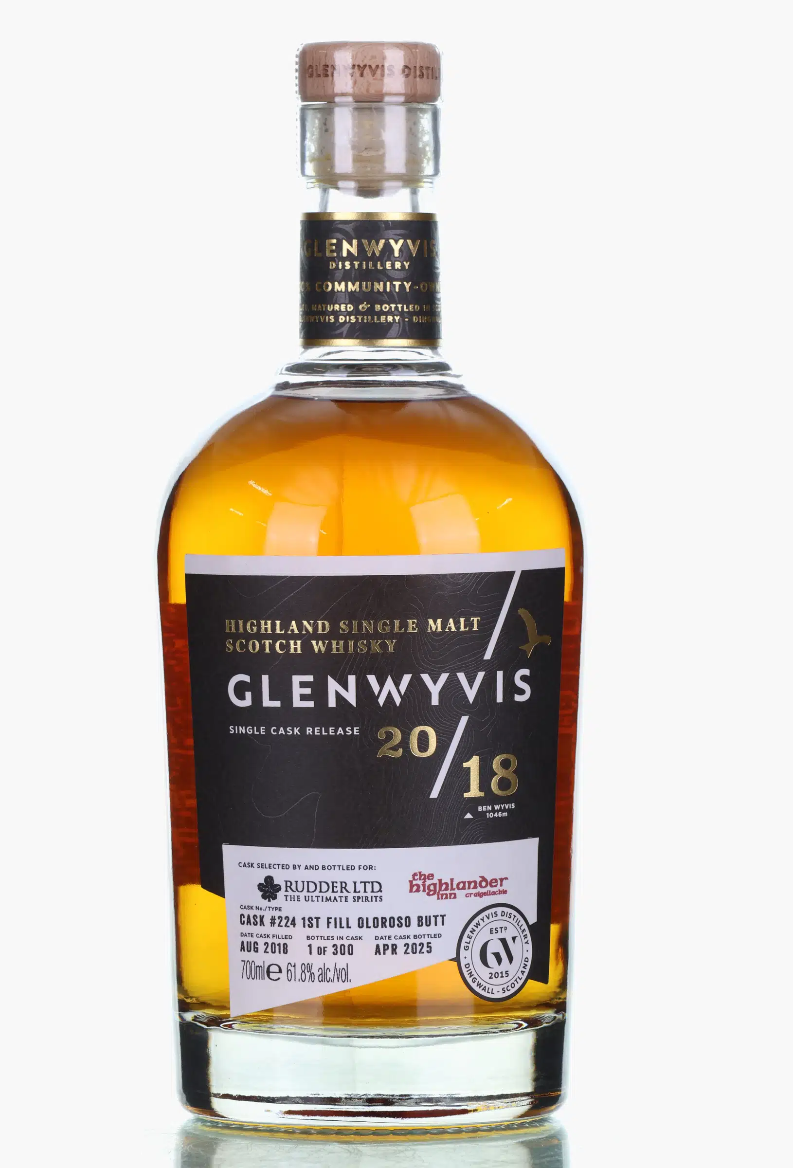 GlenWyvis Oloroso 6 Year Old, Sherry Cask, Cask #224, 2018, Rudder Ltd & The Highlander Inn, 61.8% whisky bottle