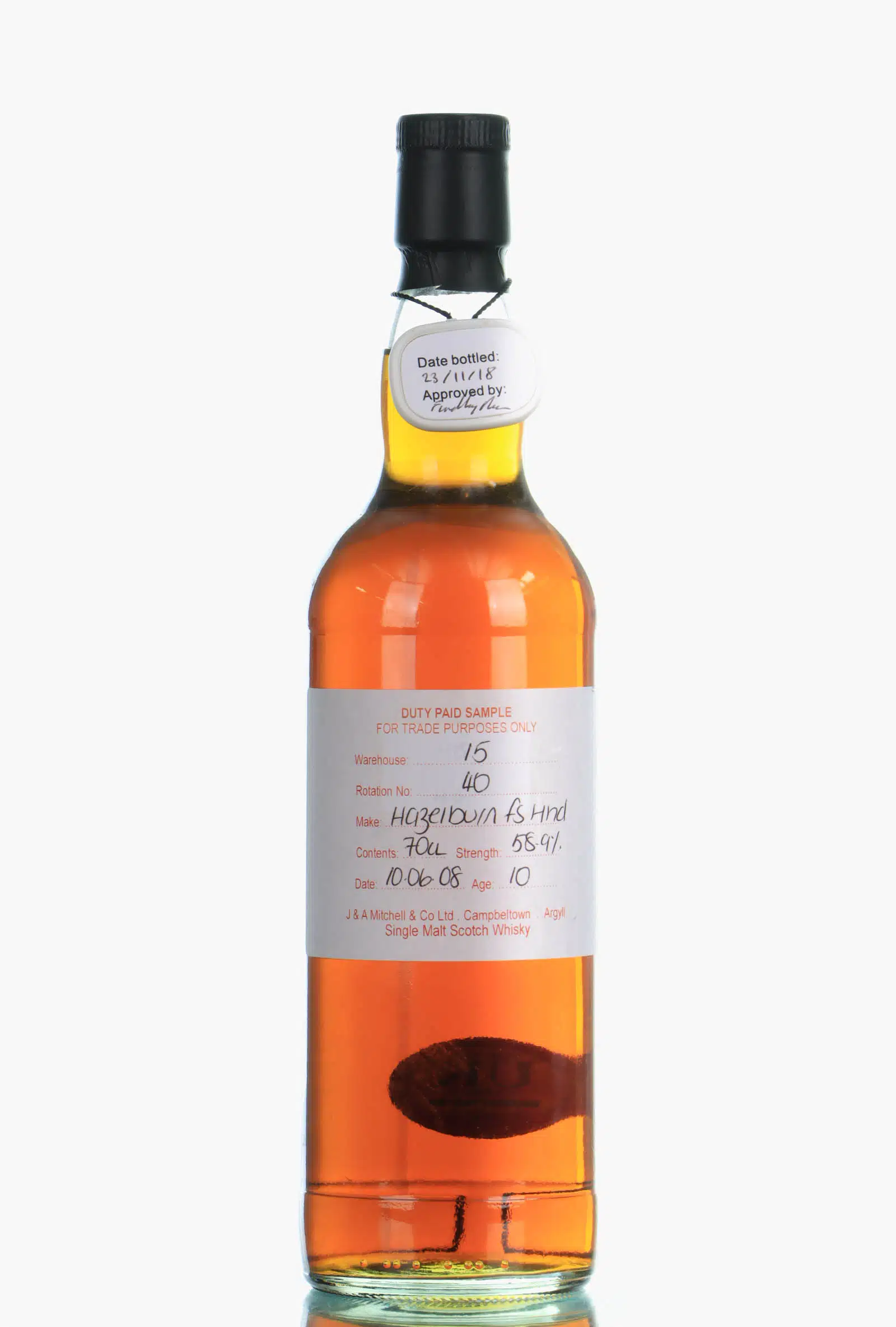Hazelburn Duty Paid Sample Fresh Sherry 10 Year Old, Sherry Hogshead Cask, Rotation No. 40, 2018, 58.9% whisky bottle