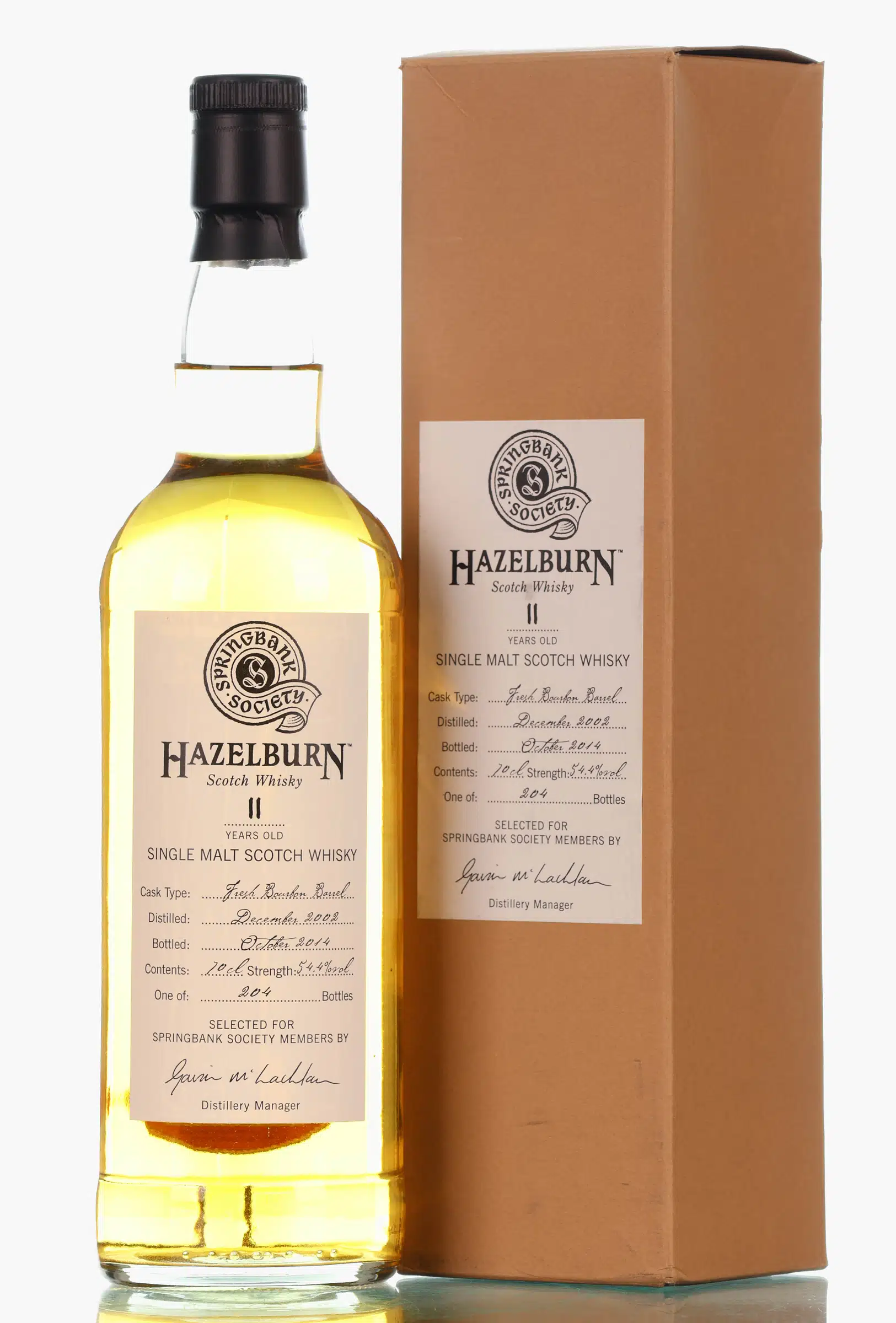 Hazelburn Selected For Springbank Society Members 11 Year Old, Bourbon Cask, 2014, 54.4% whisky bottle