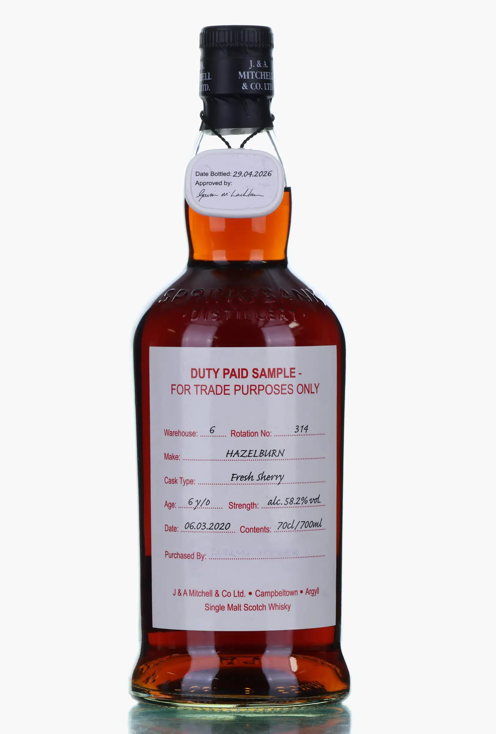 Hazelburn 2020 6 Year Old Duty Paid Sample, Sherry Cask, 2026, 58.2% whisky bottle