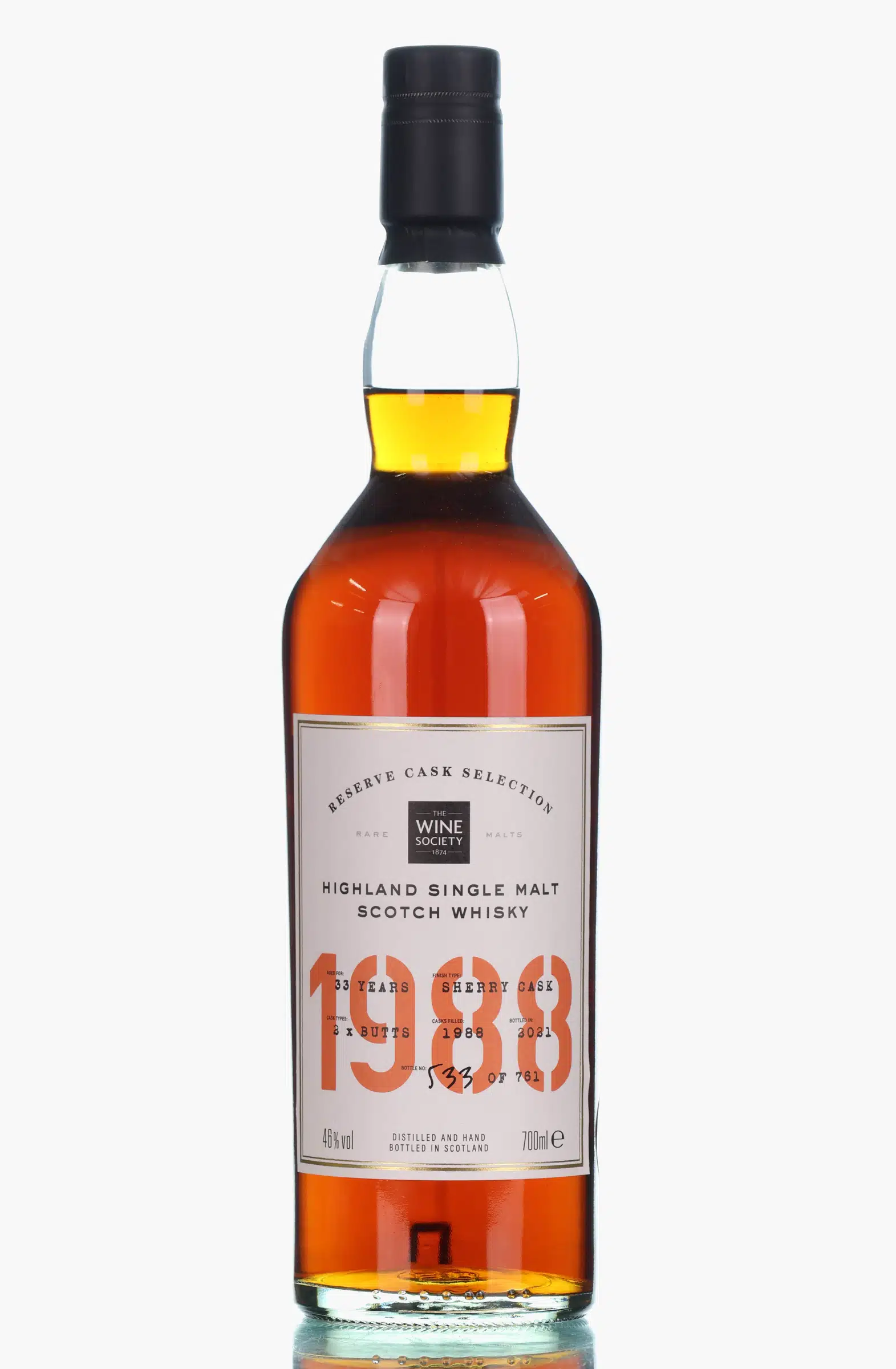 Highland Single Malt Reserve Cask Selection 33 Year Old, Sherry Cask, 1988, The Wine Society, 46% whisky bottle