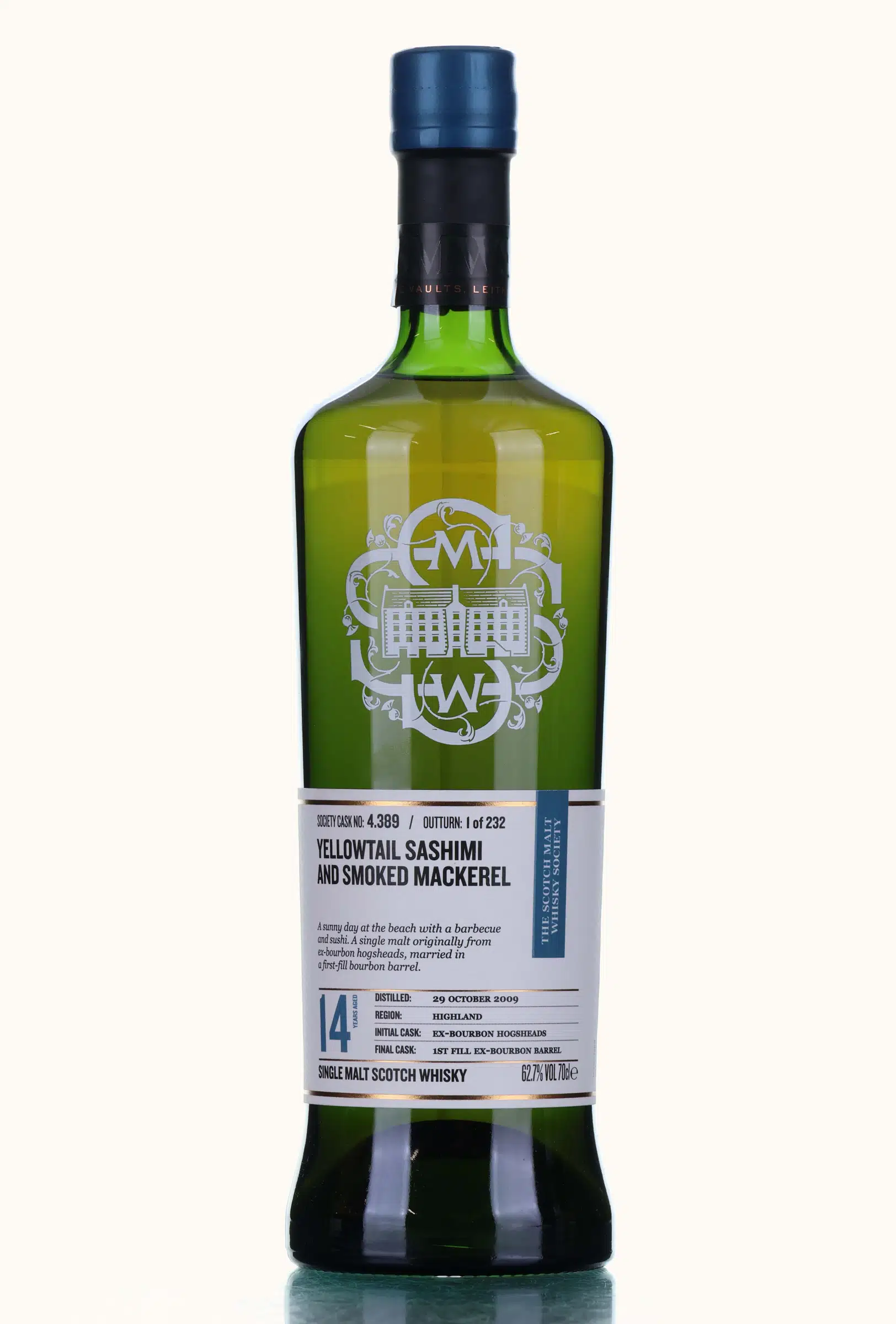 Highland Park 2009 SMWS 14 Year Old 4.389 - Yellowtail sashimi & smoked mackerel, Ex-Bourbon Hogshead Cask, Cask #4.389, 2009, Scotch Malt Whisky Society, 62.7% whisky bottle