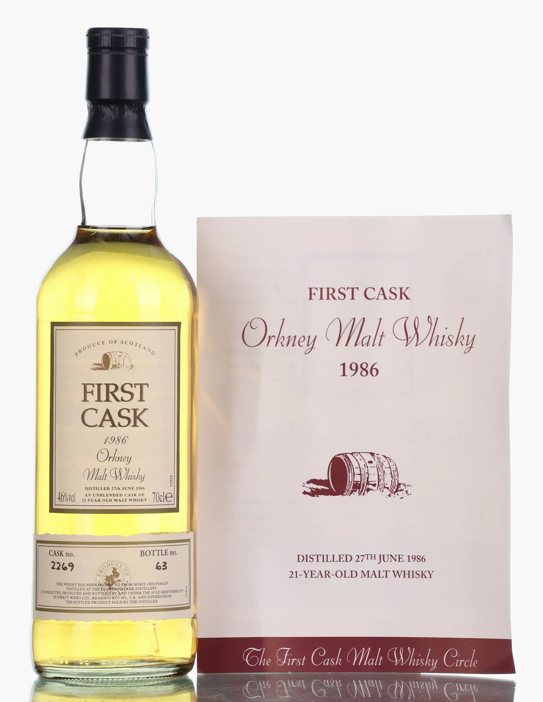 Highland Park First Cask 21 Year Old, Cask #2269, 1986, Direct Wines Ltd., 46% whisky bottle
