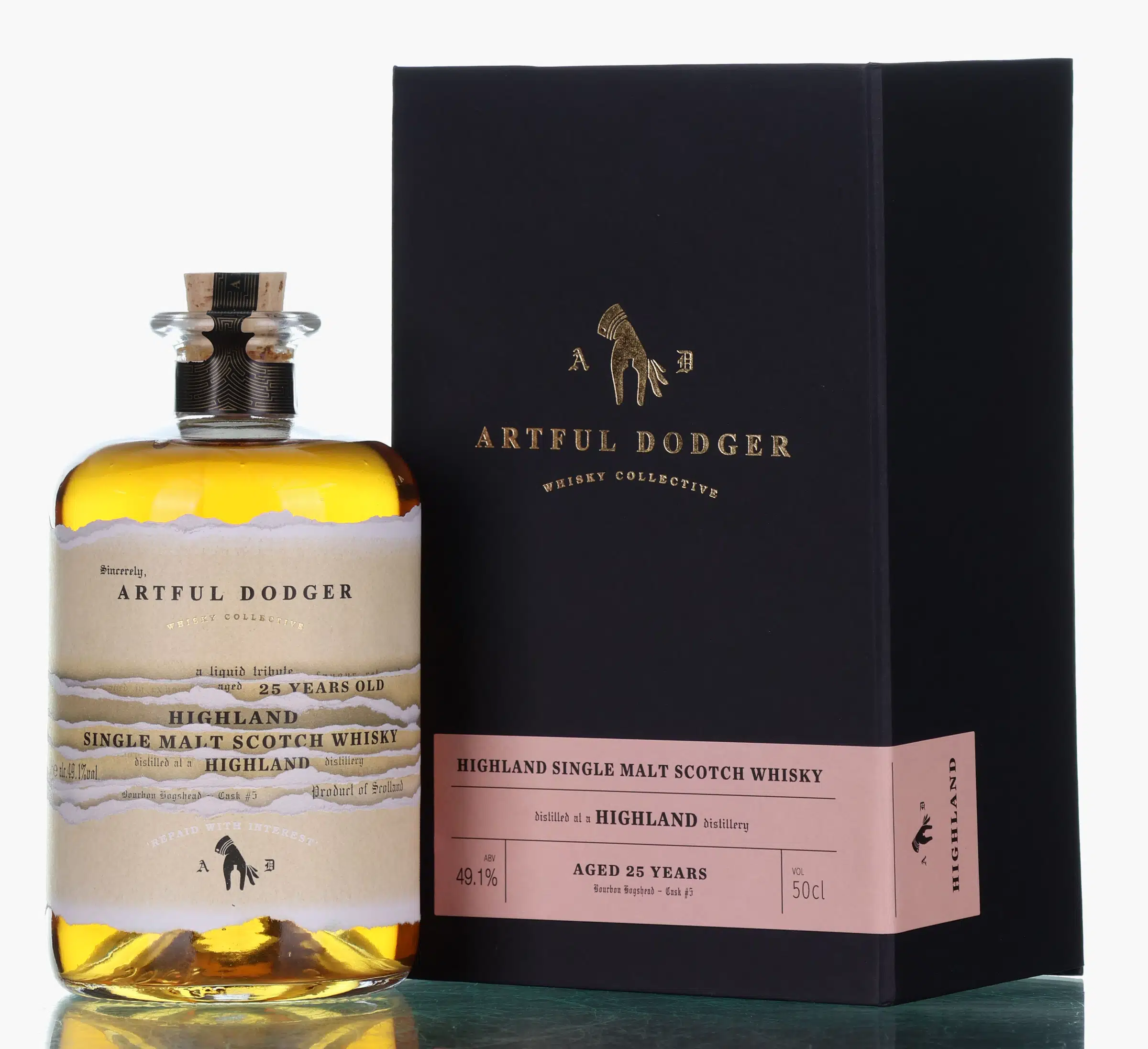 A Highland Distillery A Liquid Tribute 25 Year Old, Bourbon Cask, Cask #5, 1996, Artful Dodger Whisky Collective, 49.1% whisky bottle