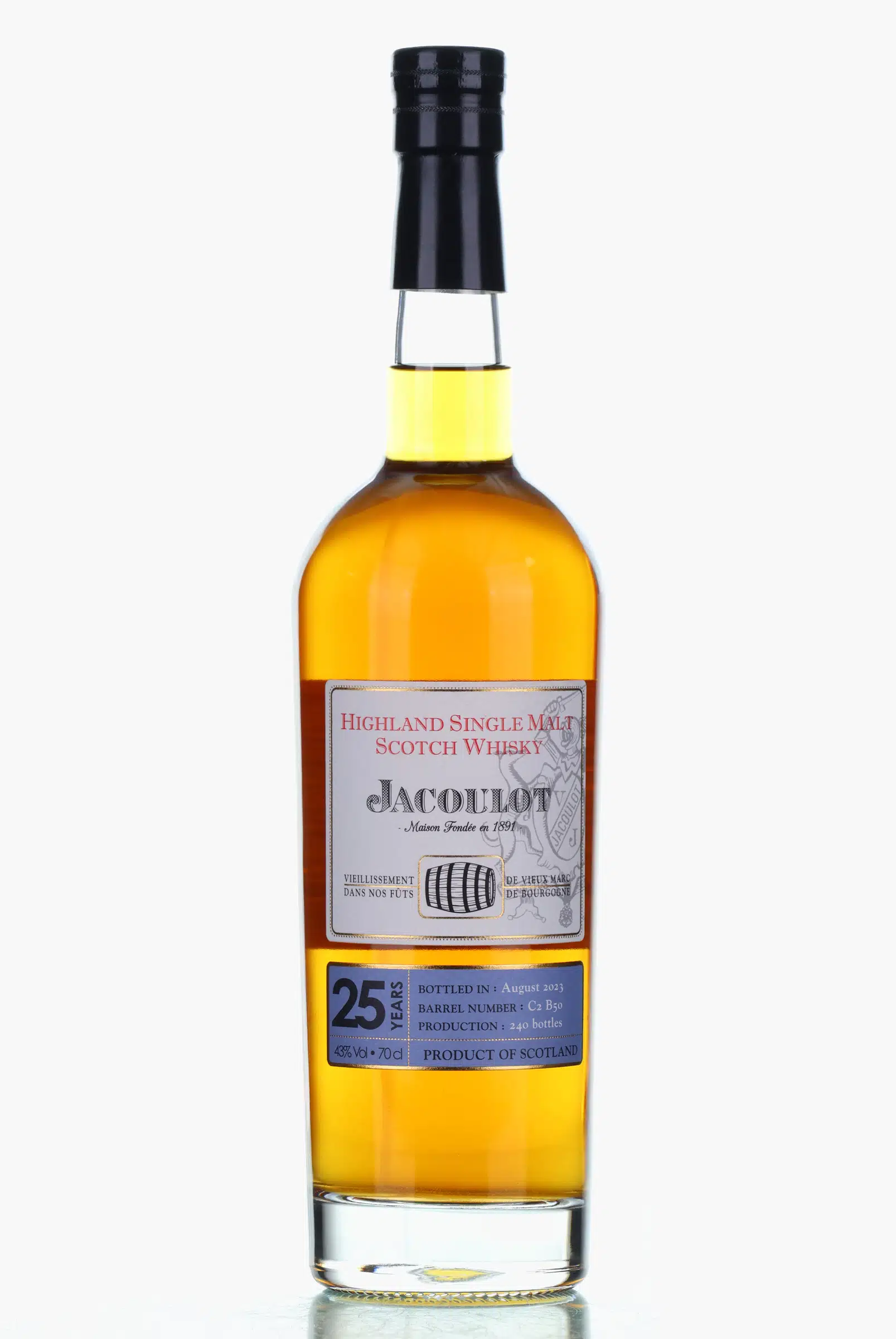 Jacoulot Highland Single Malt 25 Year Old, Marc de Bourgogne Cask, Cask #C2 B50, 2023, Jacoulot, 43% whisky bottle