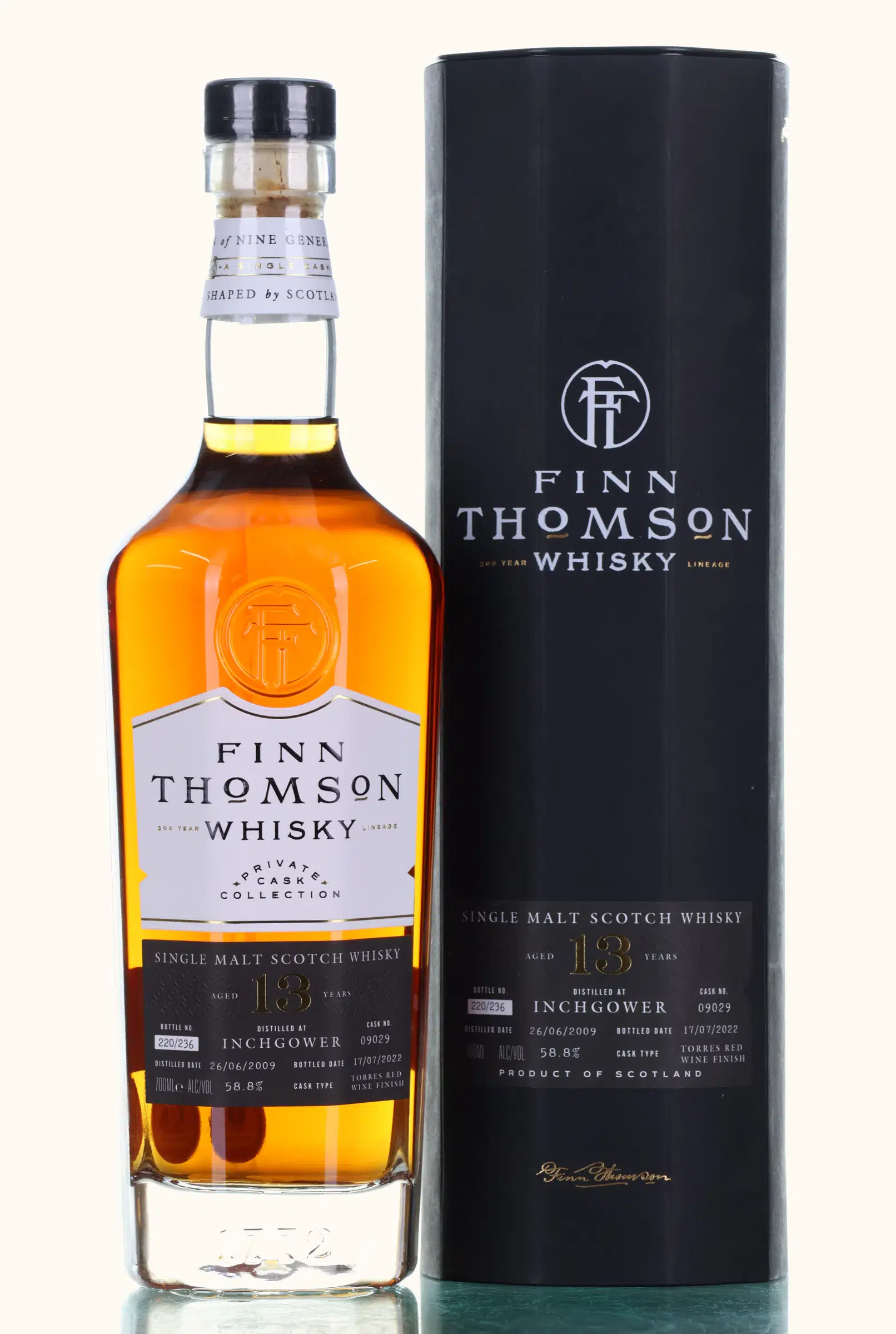 Inchgower 13 Year Old, Torres Red Wine Finish Cask, Cask #09029, 2009, Finn Thomson, 58.8% whisky bottle