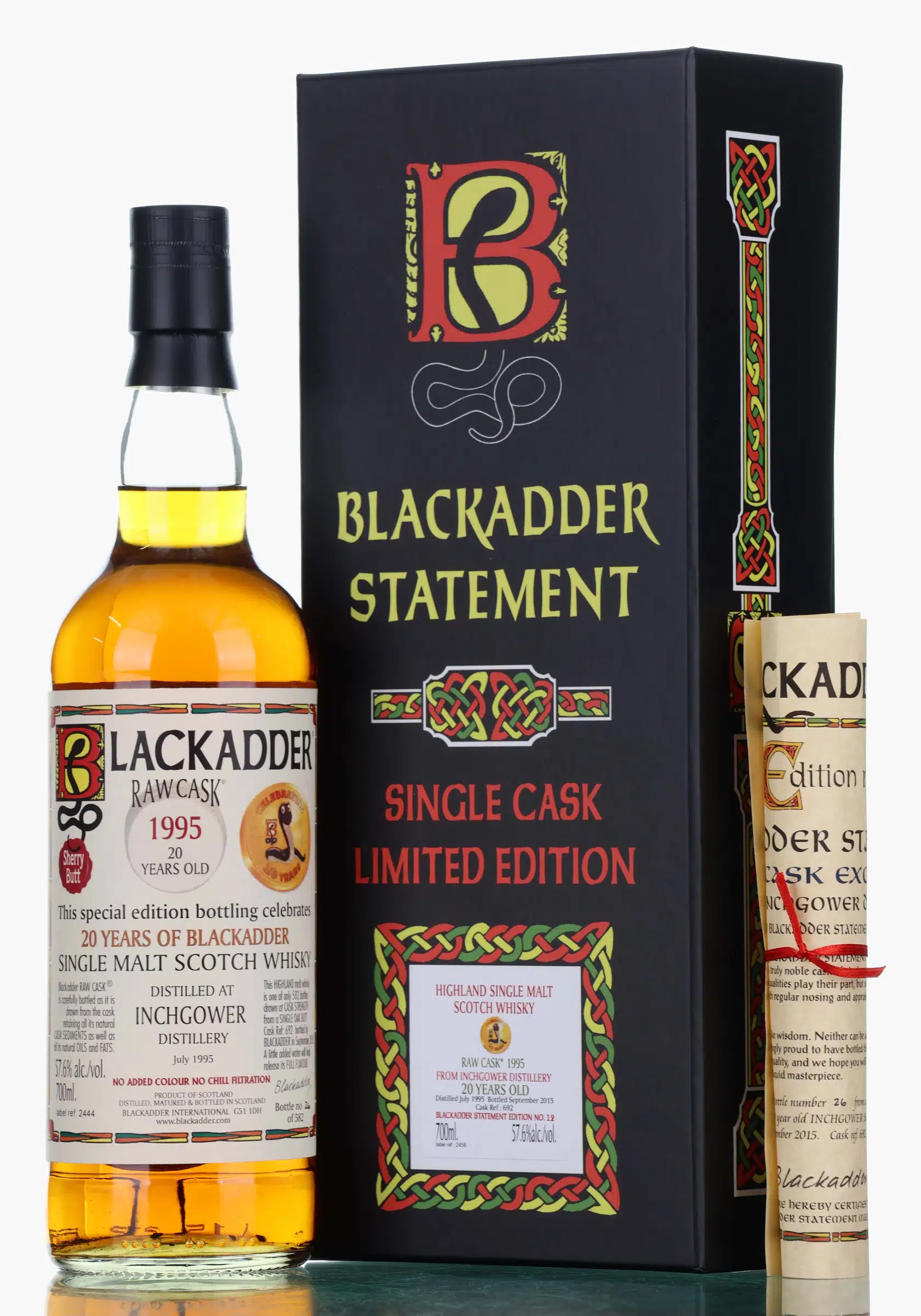 Inchgower 20 Year Old, Sherry Cask, Cask #692, 1995, Blackadder, 57.6% whisky bottle