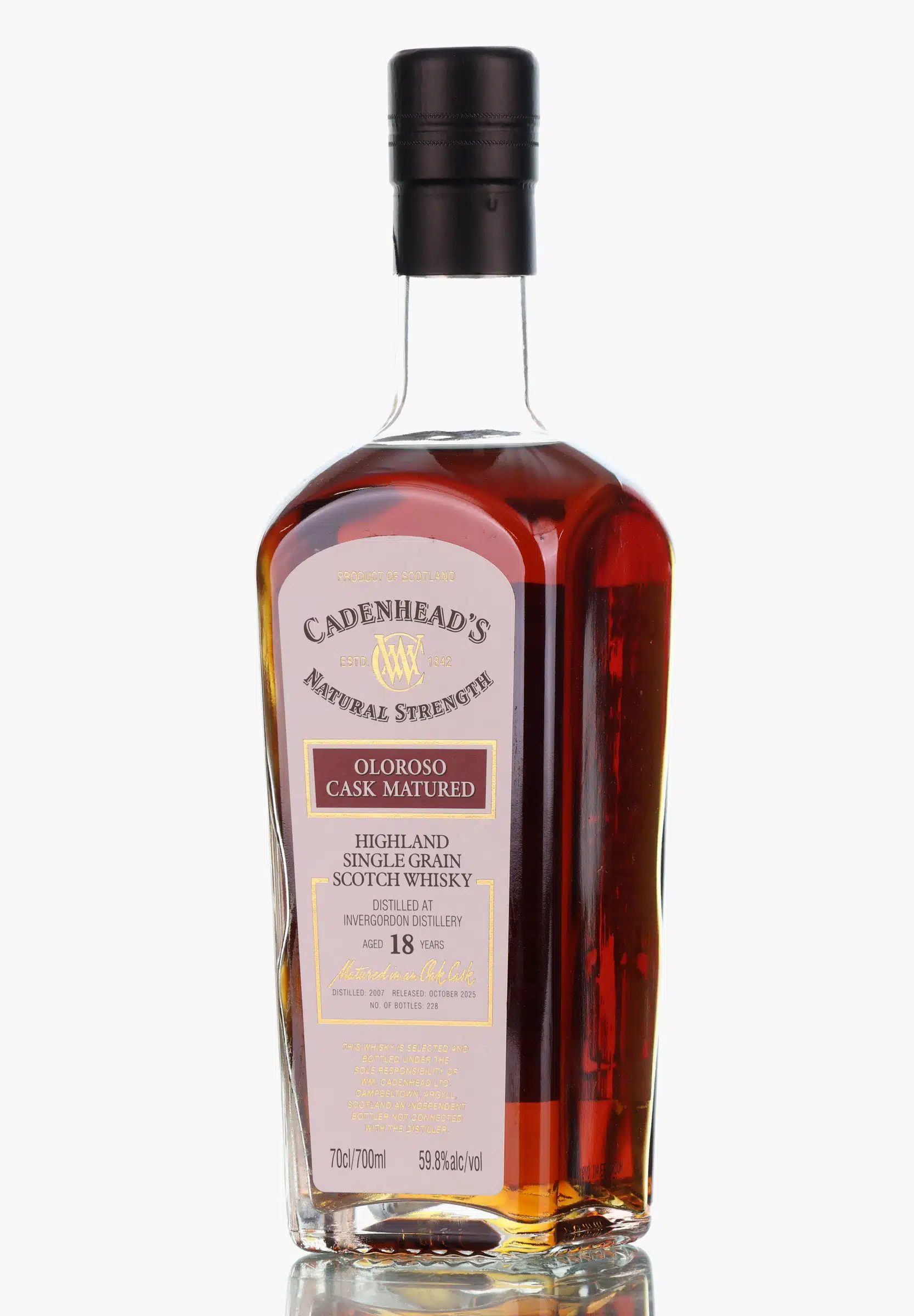 Invergordon Natural Strength Authentic Collection 18 Year Old, Oloroso Sherry Cask, 2007, Cadenhead's, 59.8% whisky bottle
