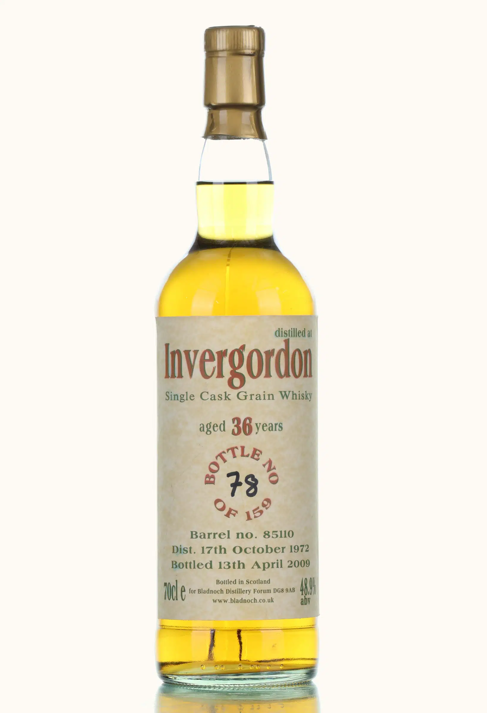 Invergordon 36 Year Old, Barrel Cask, Cask #85110, 1972, Bladnoch Forum, 48.9% whisky bottle