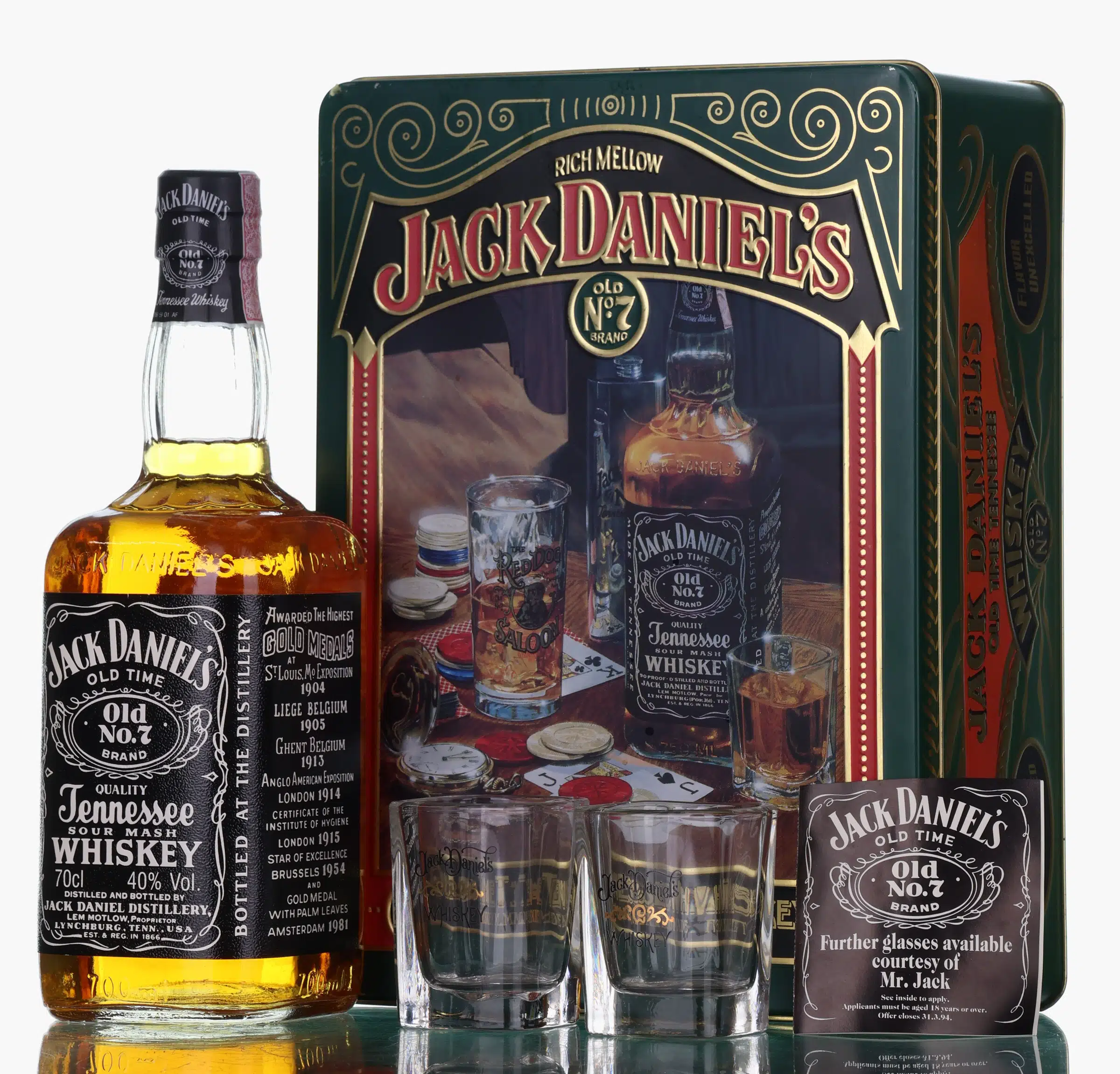 Jack Daniel's Old No. 7 Gift Tin Incl x2 Glasses (1990s), New Charred American Oak Cask, 40% whisky bottle