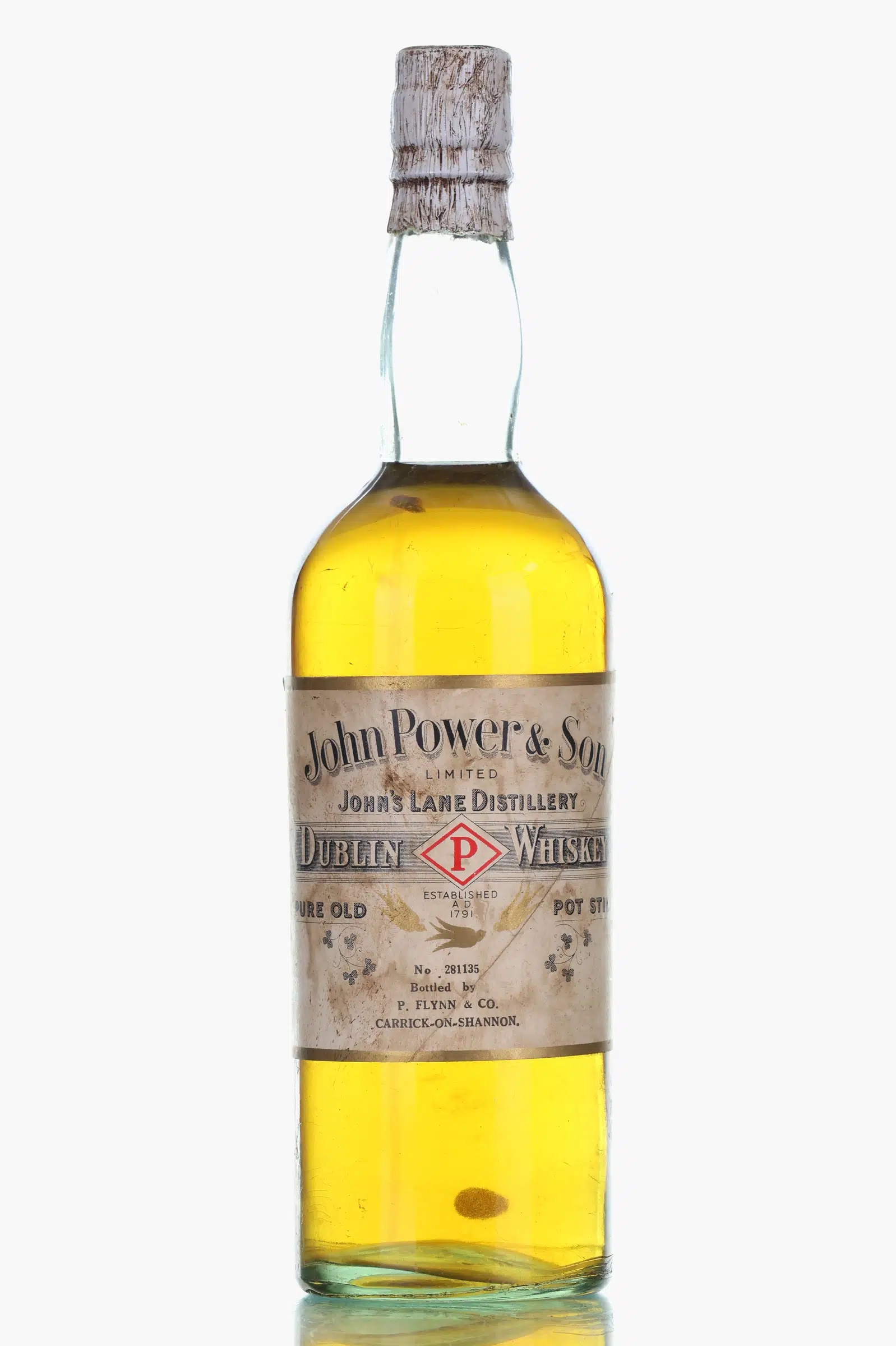 John Power & Son Dublin Whiskey, P. Flynn & Co Private Bottling, 1950s, P. Flynn & Co whisky bottle