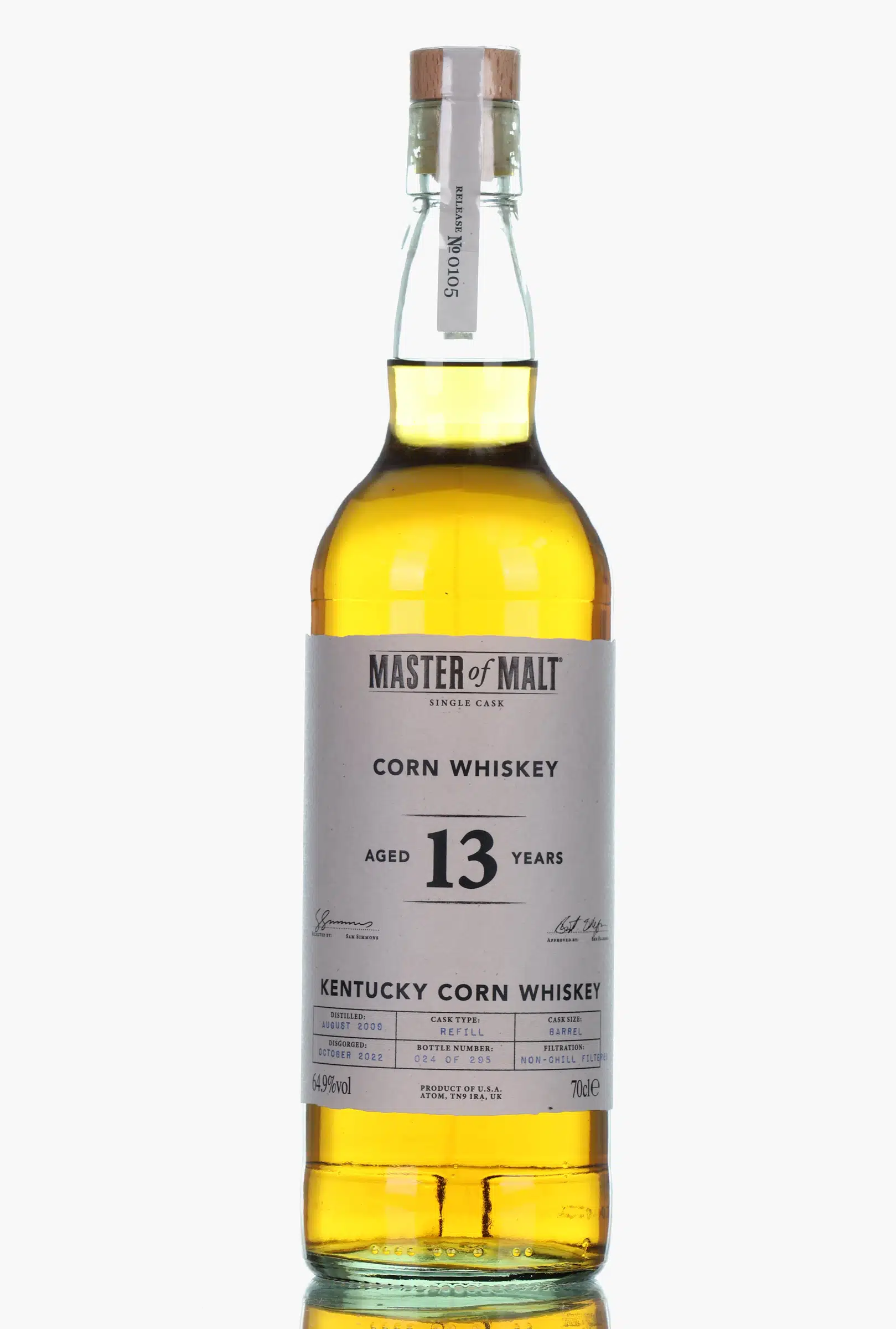Heaven Hill Kentucky Corn 13 Year Old, Refill Barrel Cask, No. 105, 2009, Master of Malt, 64.9% whisky bottle
