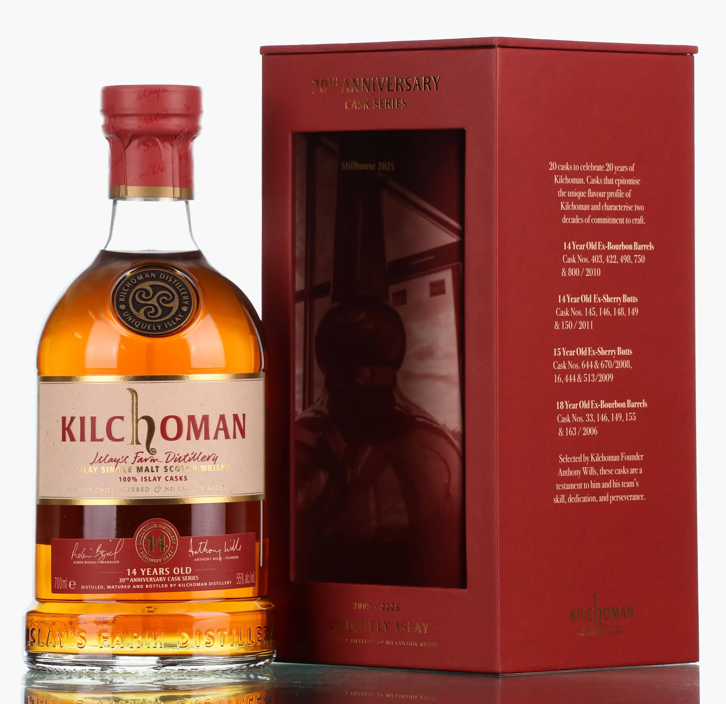Kilchoman 20th Anniversary Cask Series 14 Year Old, Oloroso Sherry Cask, Cask Nos. 145, 146, 148, 149 & 150, 2025, 55% whisky bottle