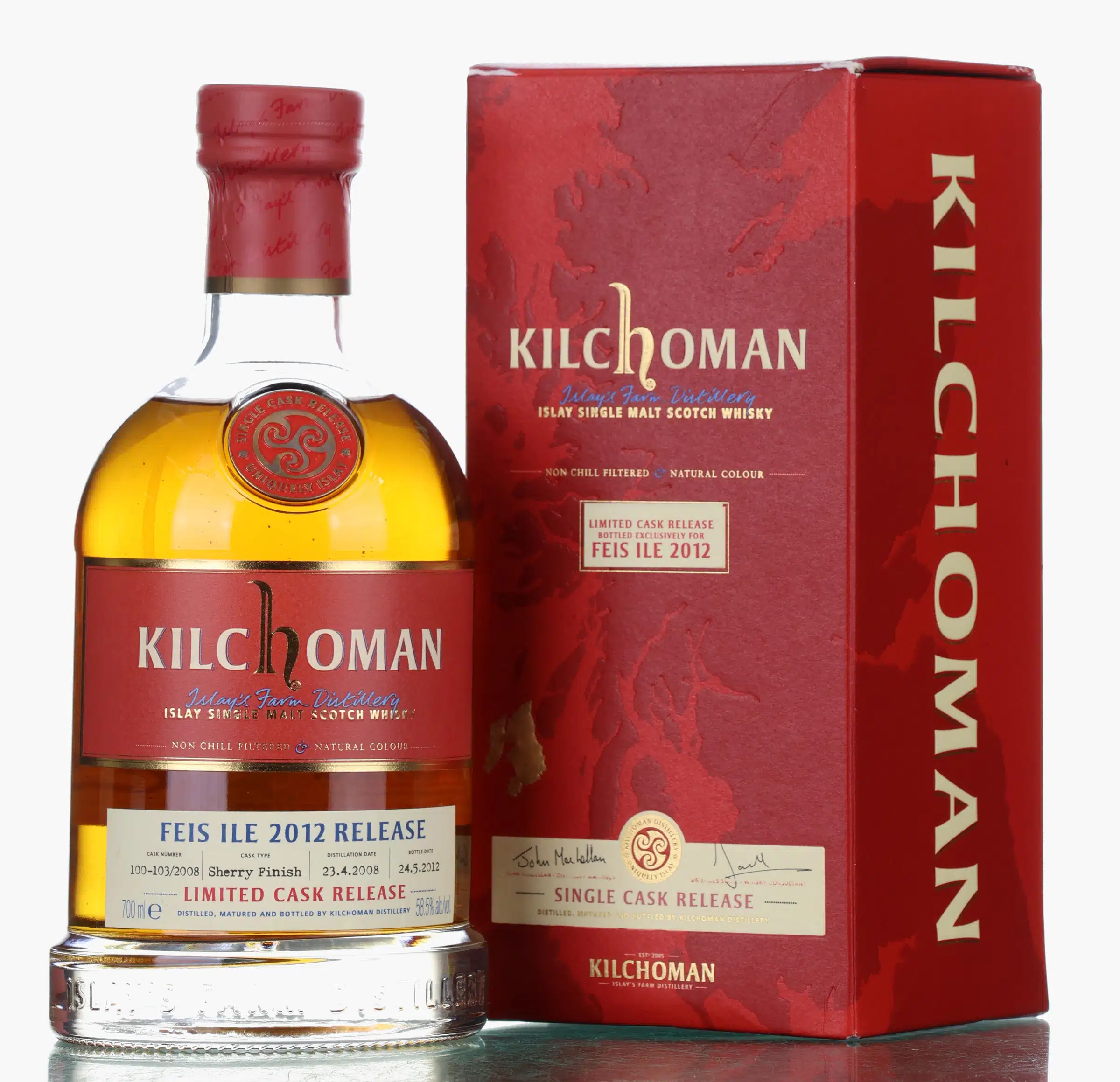 Kilchoman Feis Ile 2012 4 Year Old, Bourbon & Oloroso Sherry Cask, Cask #100-103/2008, 2012, 58.5% whisky bottle