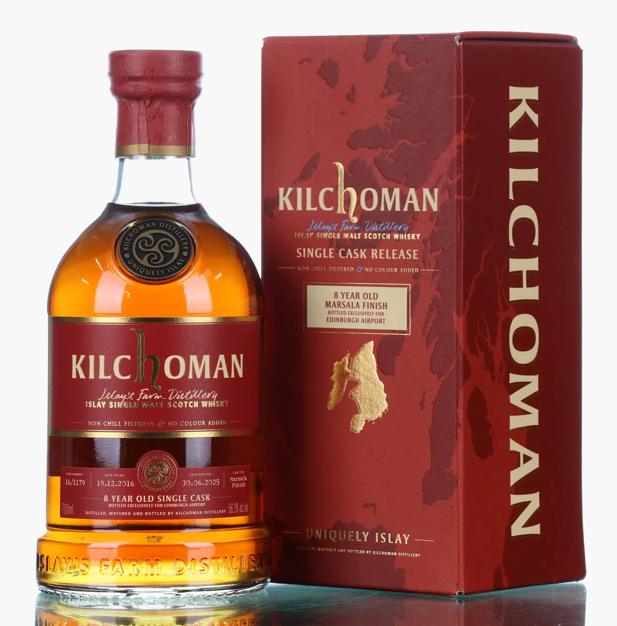 Kilchoman Edinburgh Airport Exclusive 8 Year Old, Ex-Bourbon Barrel & Marsala Cask Finish, Cask #1179/2016, 2025, 56.3% whisky bottle