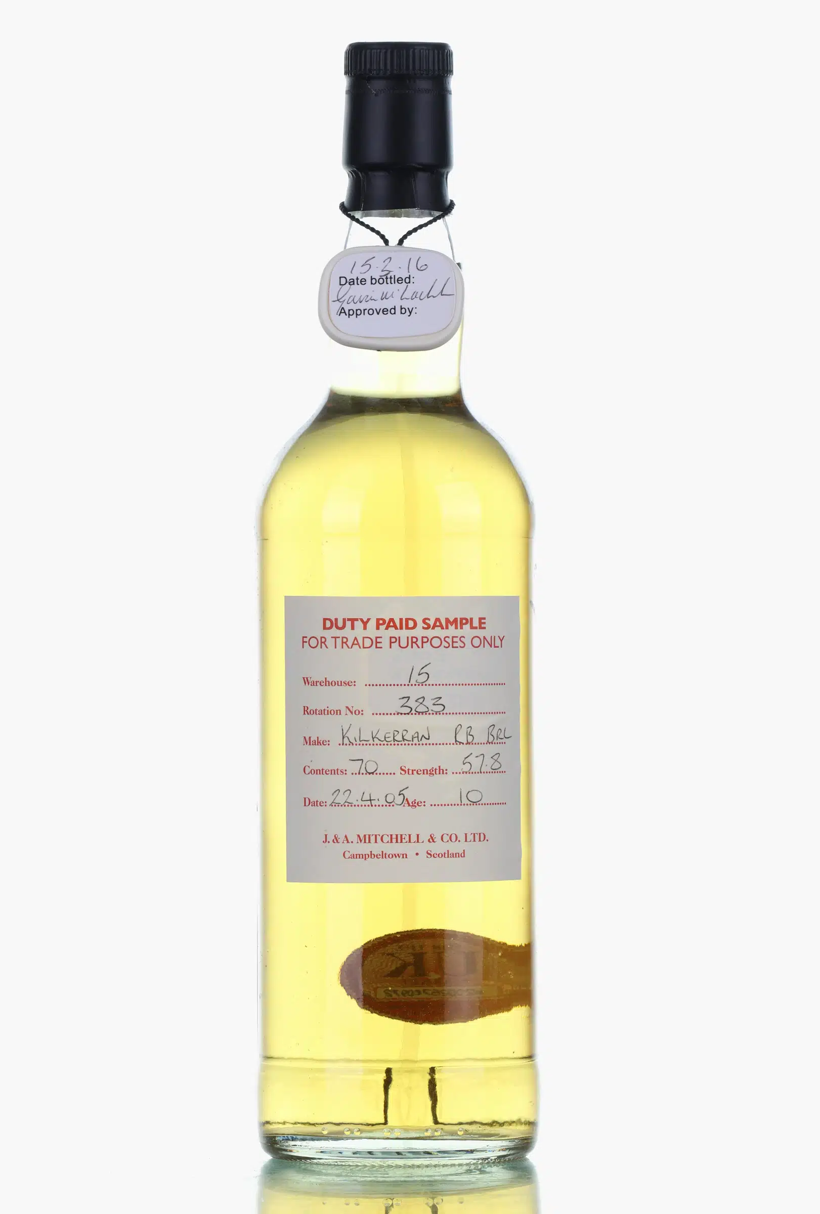 Kilkerran Duty Paid Sample Signed 10 Year Old, Refill Bourbon Cask, Cask #223, 2016, 57.8%